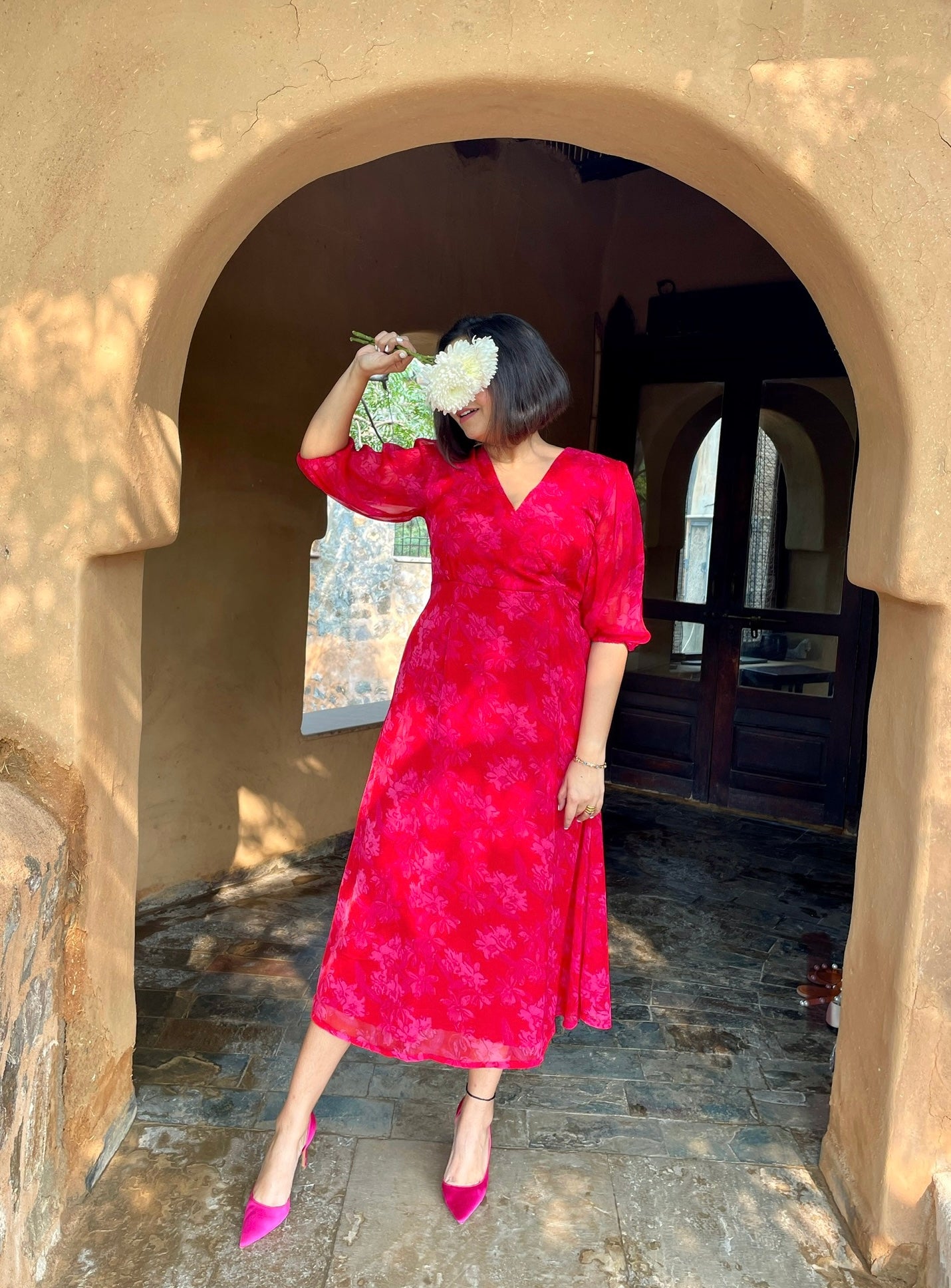 Red Floral Printed Midi Dress image 0