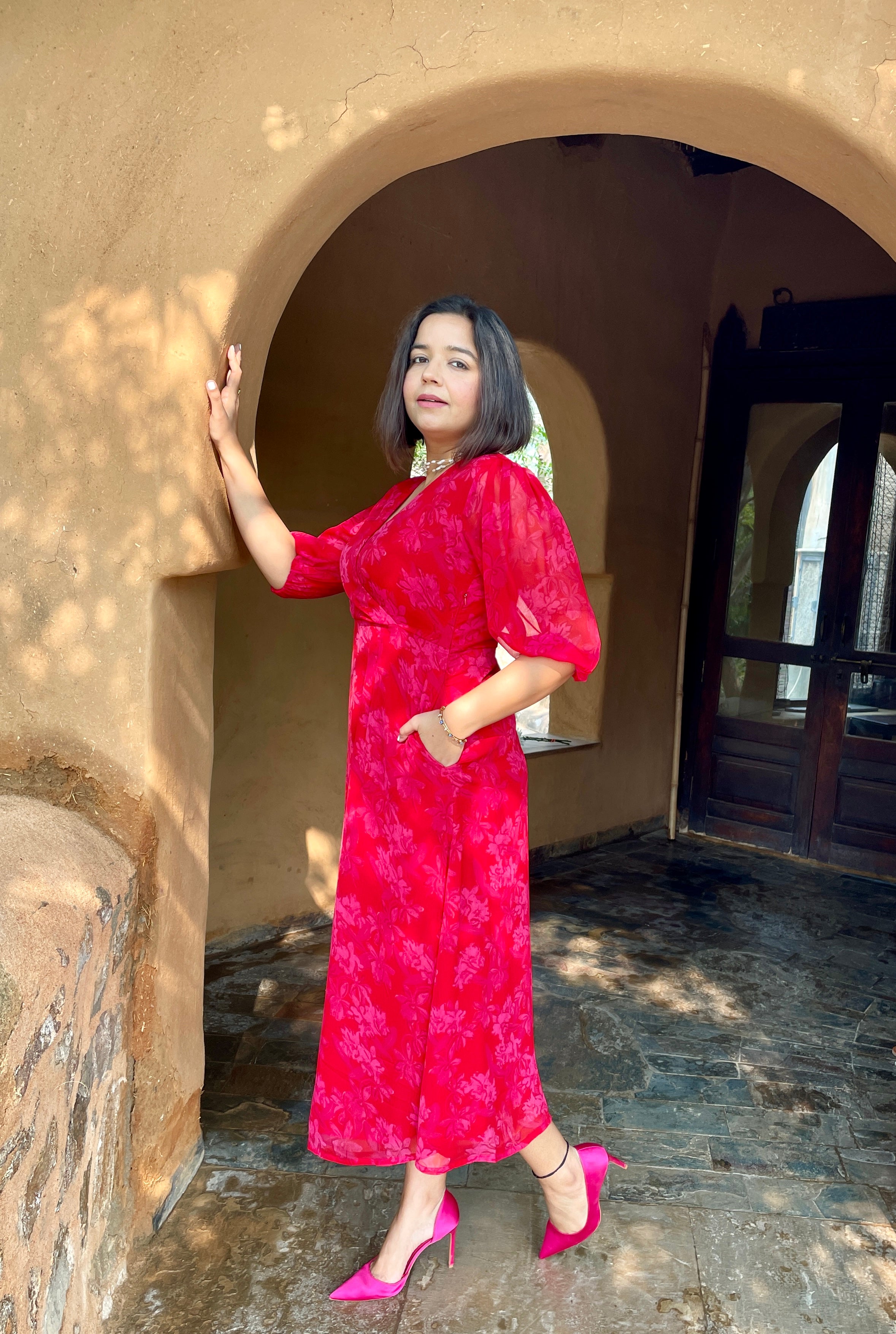 Red Floral Printed Midi Dress image 4