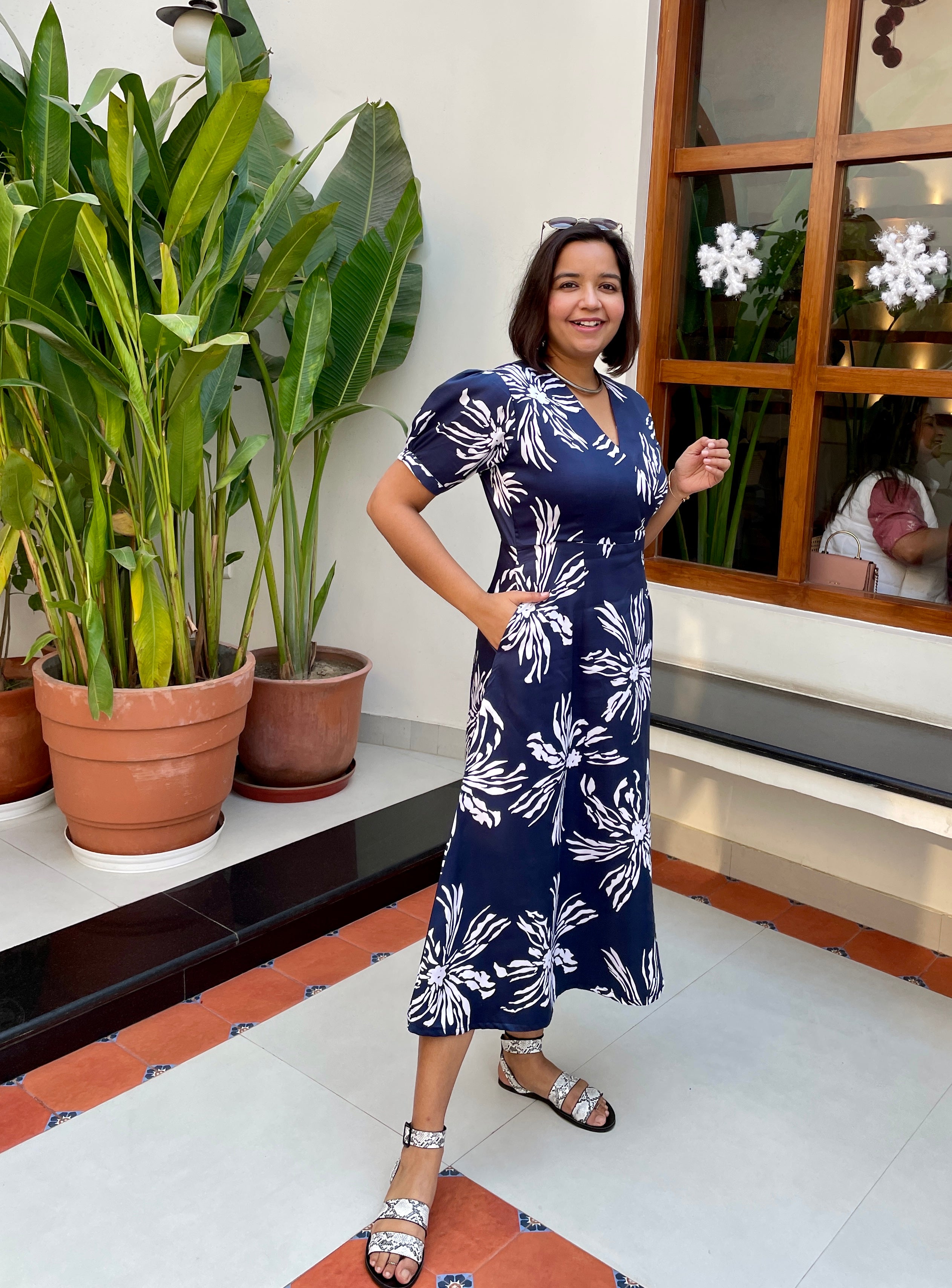 Navy Blue Floral Printed Midi Dress image 5