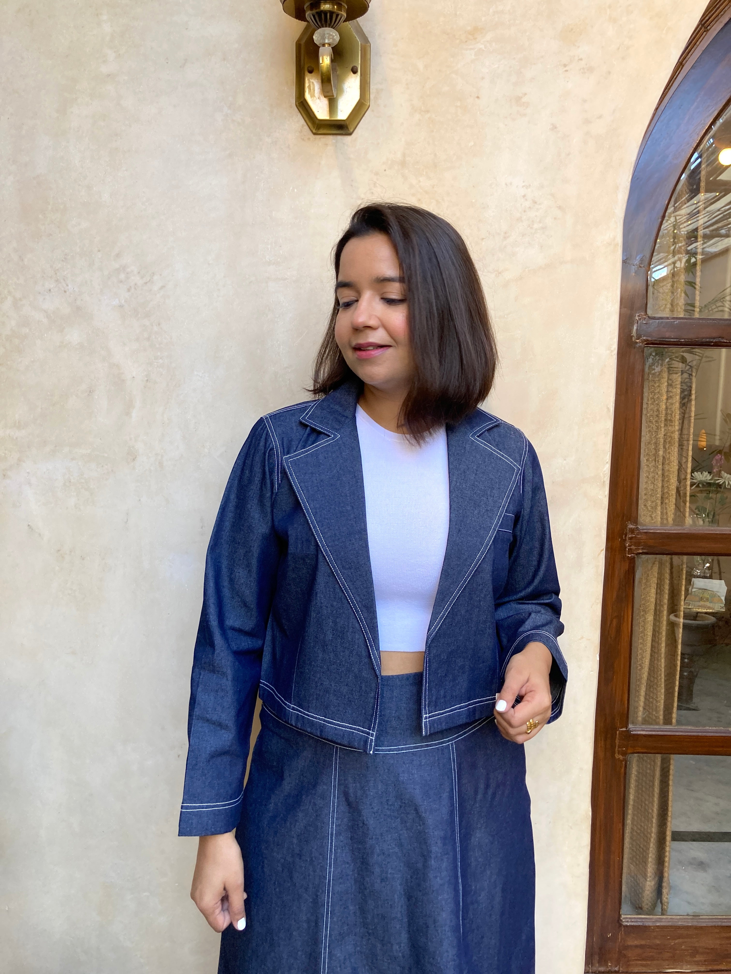Blue Denim Cropped Blazer Jacket image 0