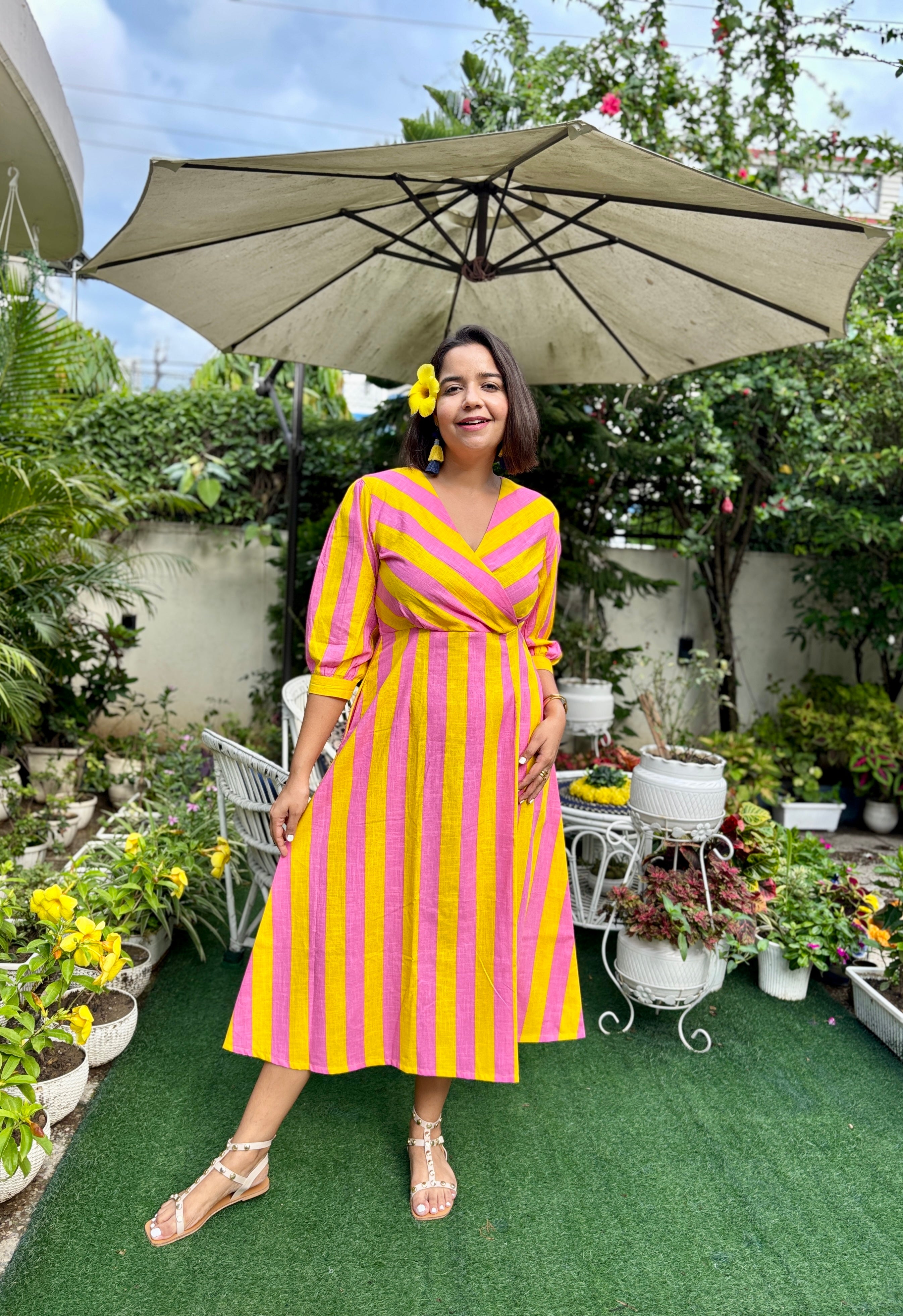 Pink Yellow Stripe Linen Cotton Midi Dress