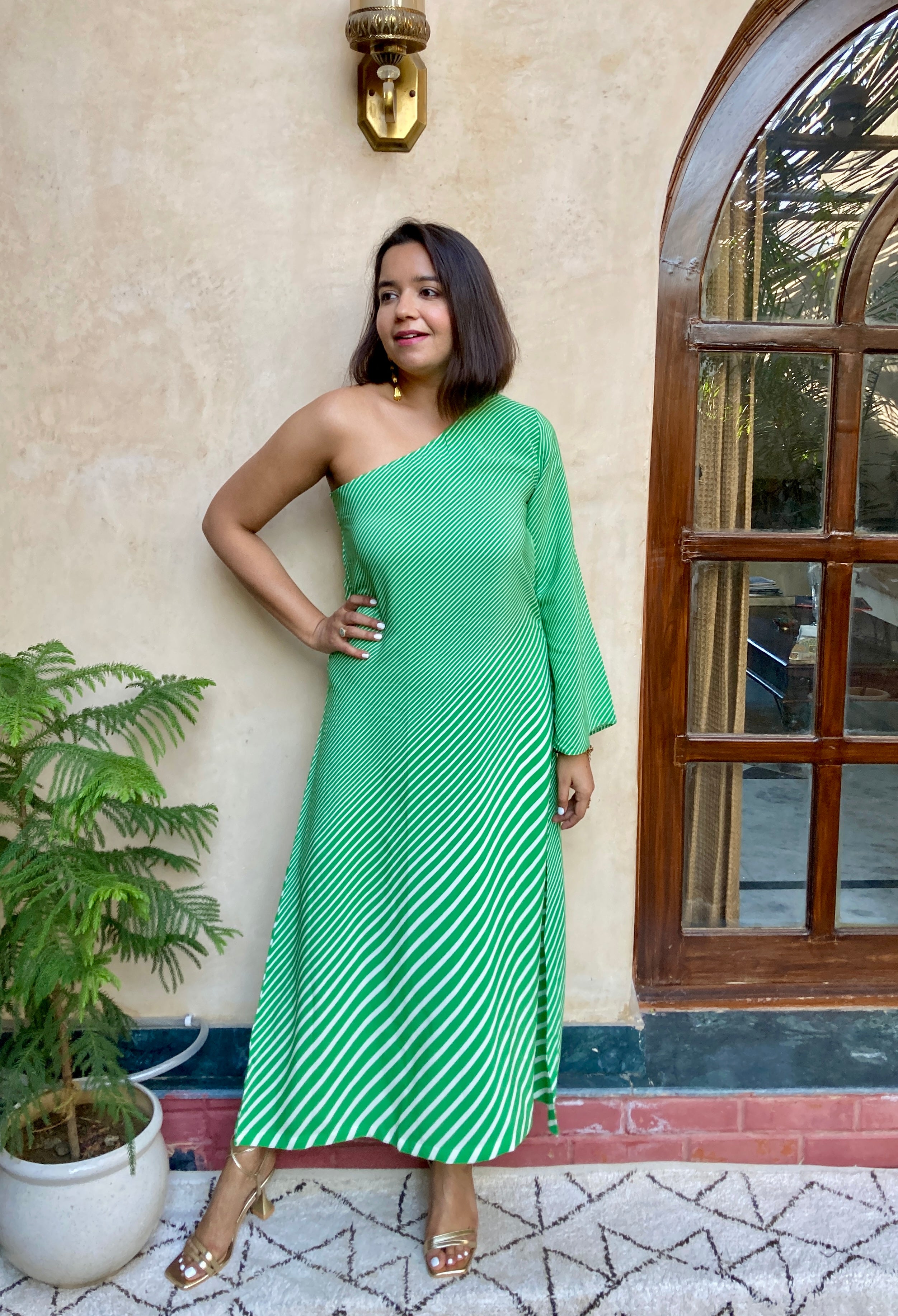 Green Stripe One Shoulder Maxi Dress image 0