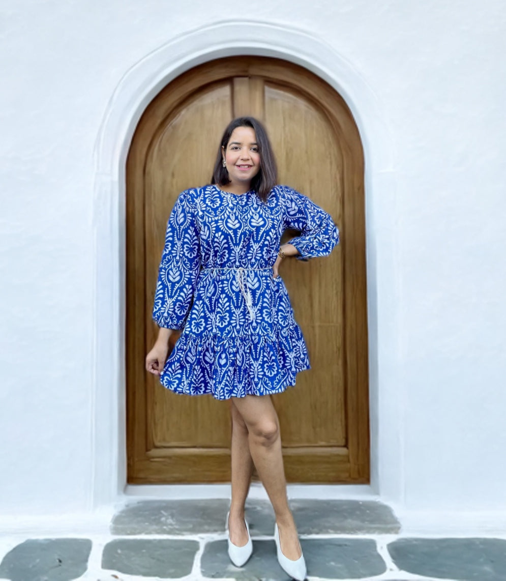 Blue and White Flounce Hem Mini Dress image 0