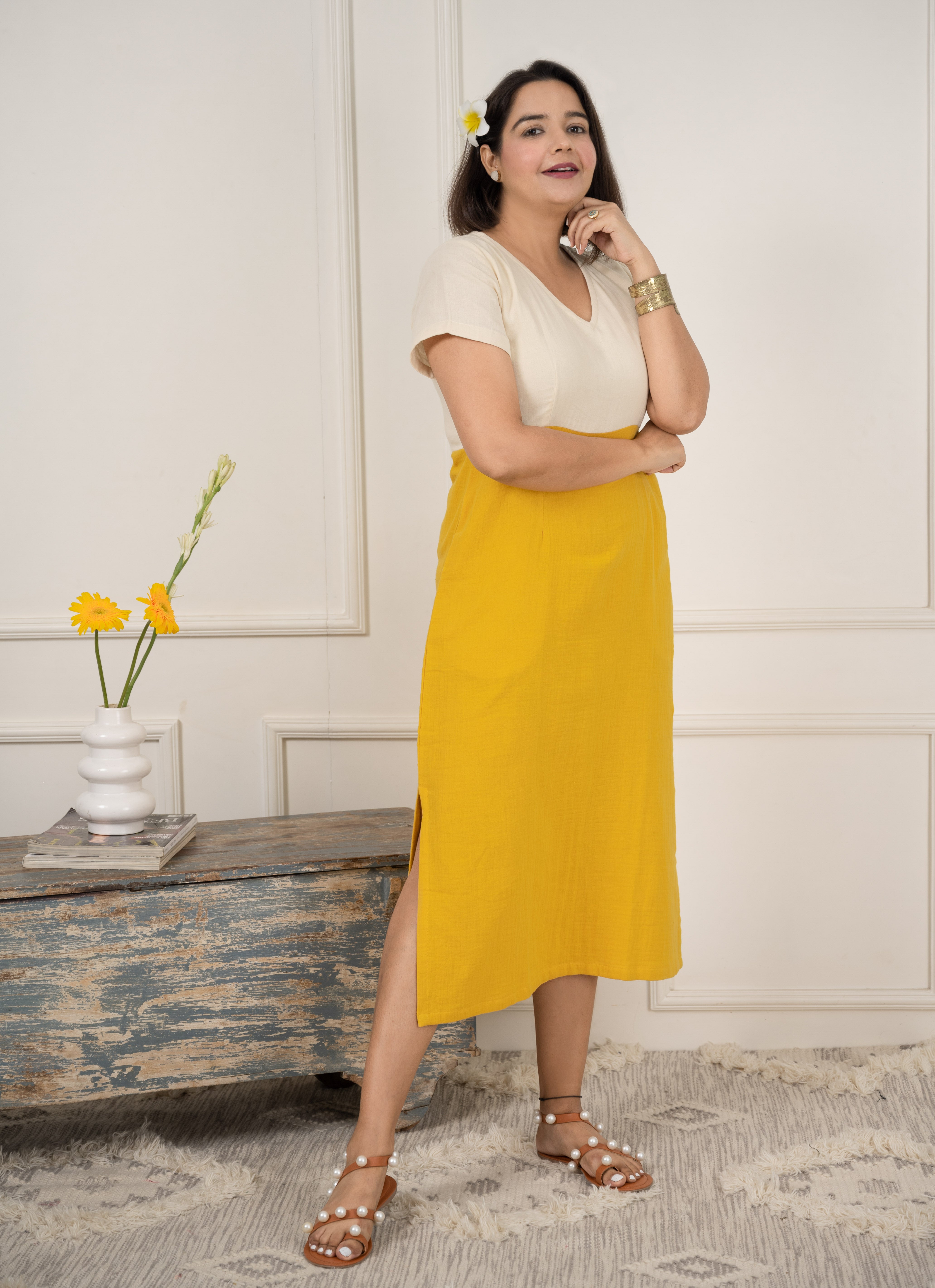 Mustard Yellow Cotton Midi Dress image 4
