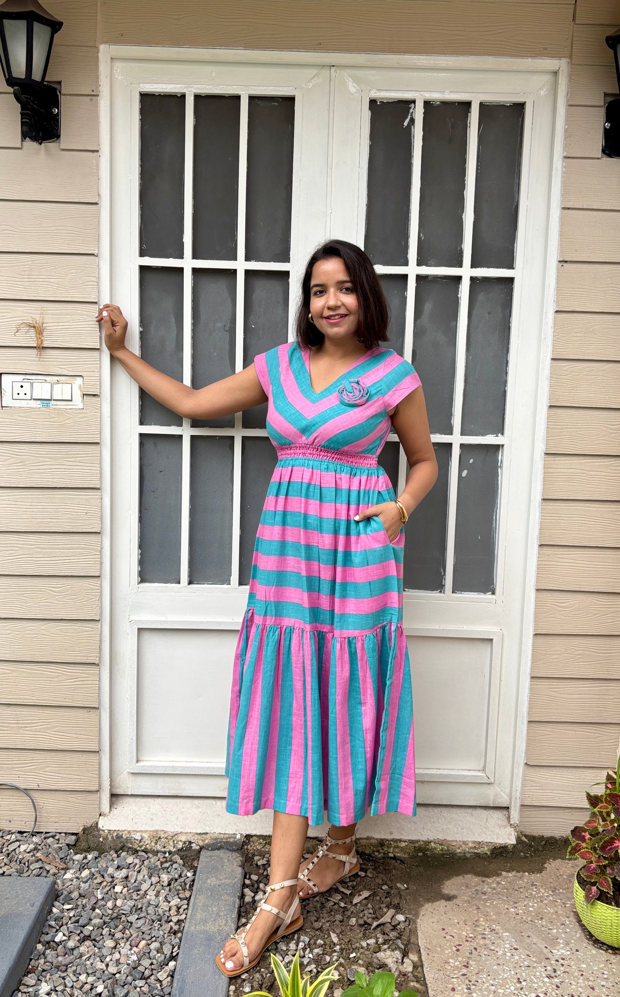 Striped Cotton Linen Midi Dress with 3D Flower image 0