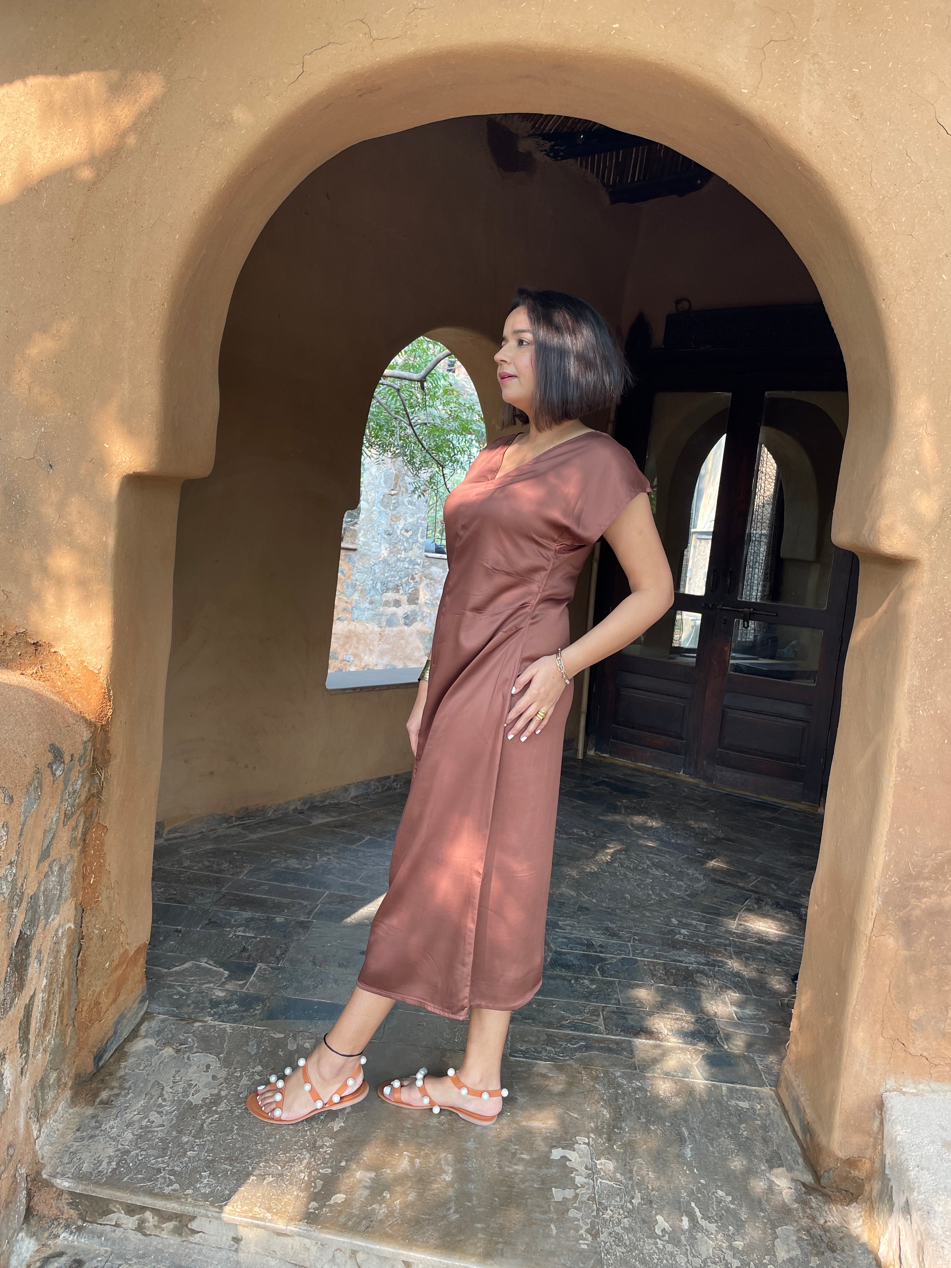 Brown Satin Midi Dress image 2