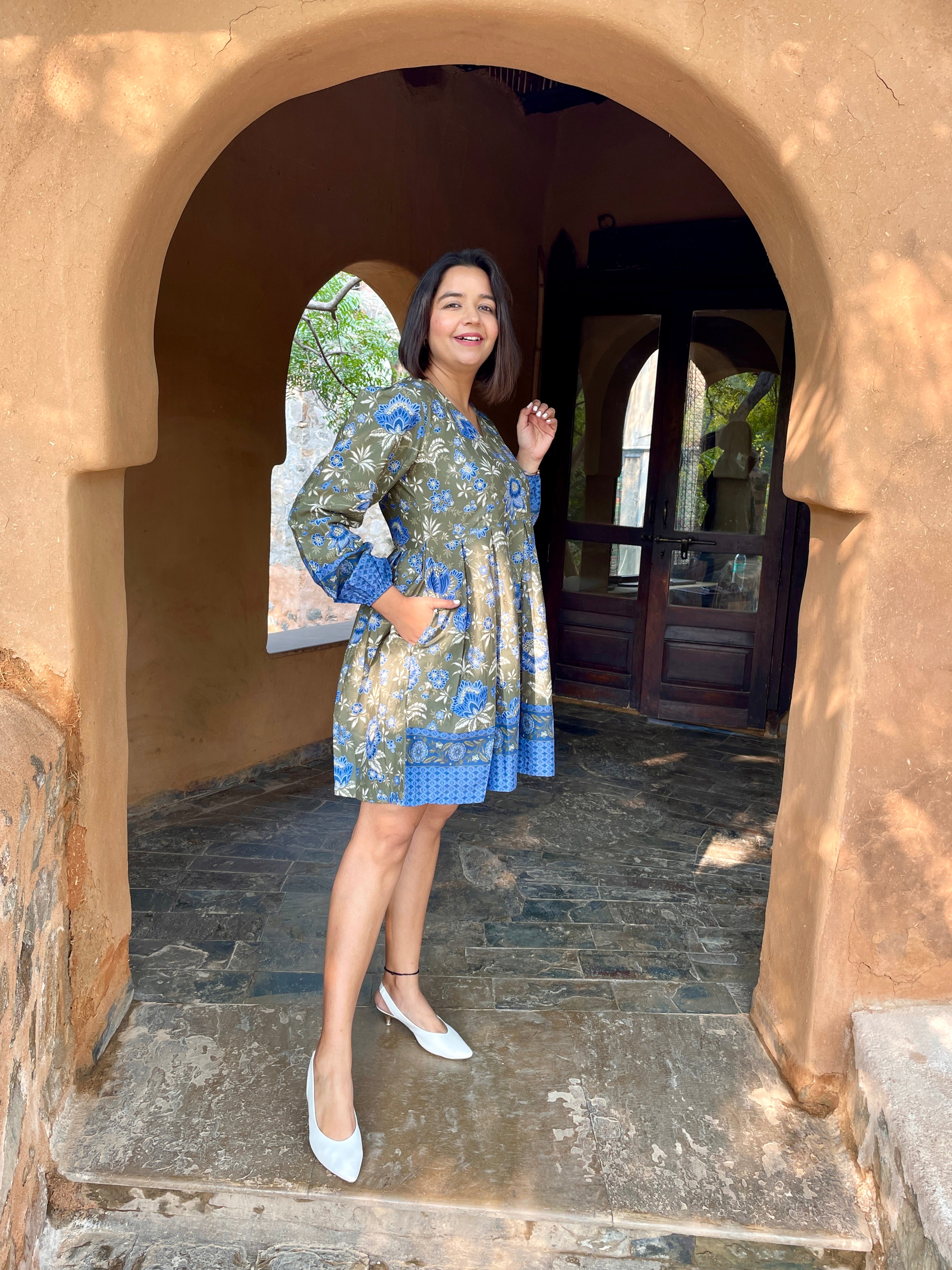 Olive Balloon Sleeves Skater Dress image 2