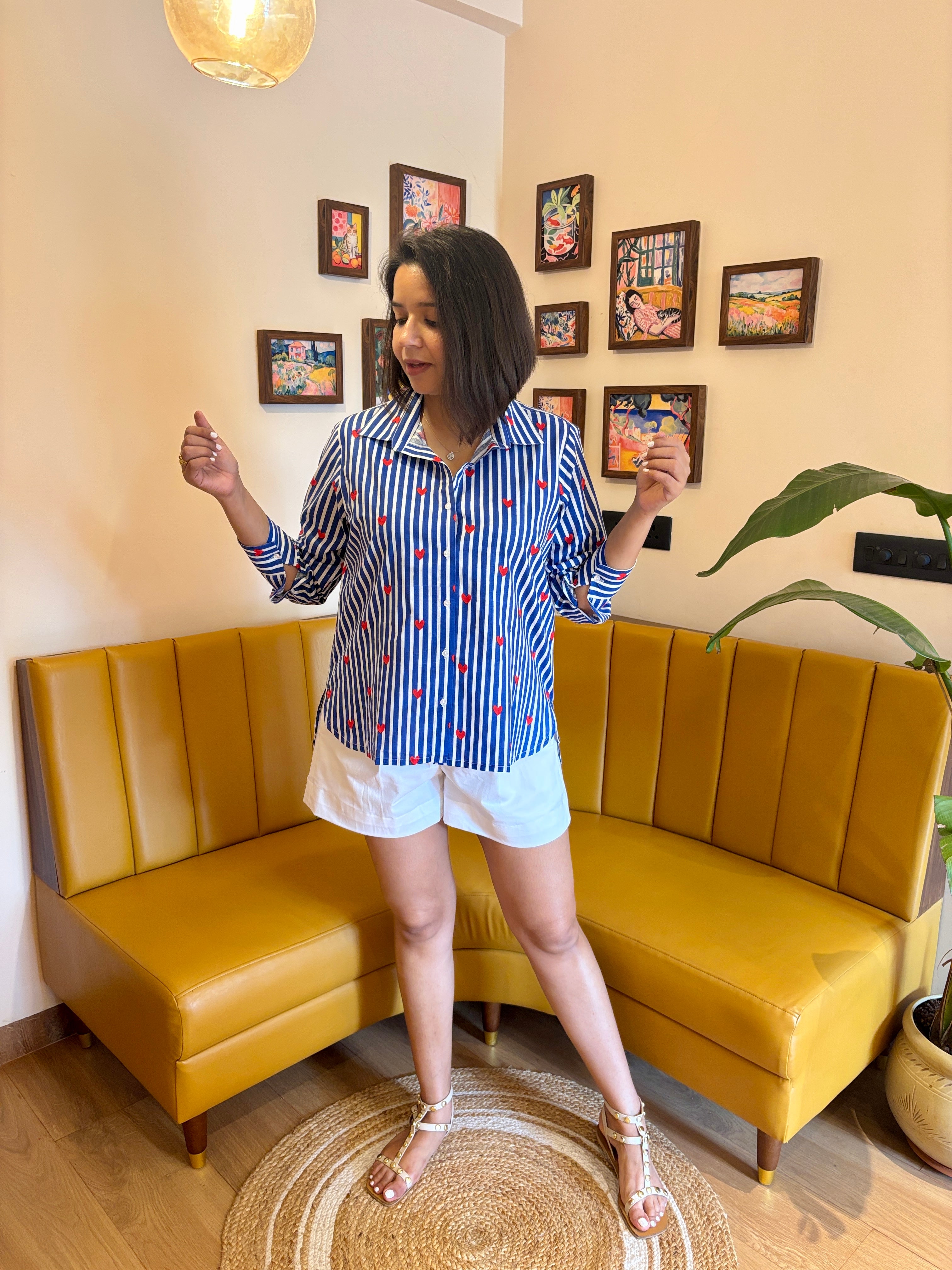 Blue Stripe Heart Print Cotton Shirt for Women