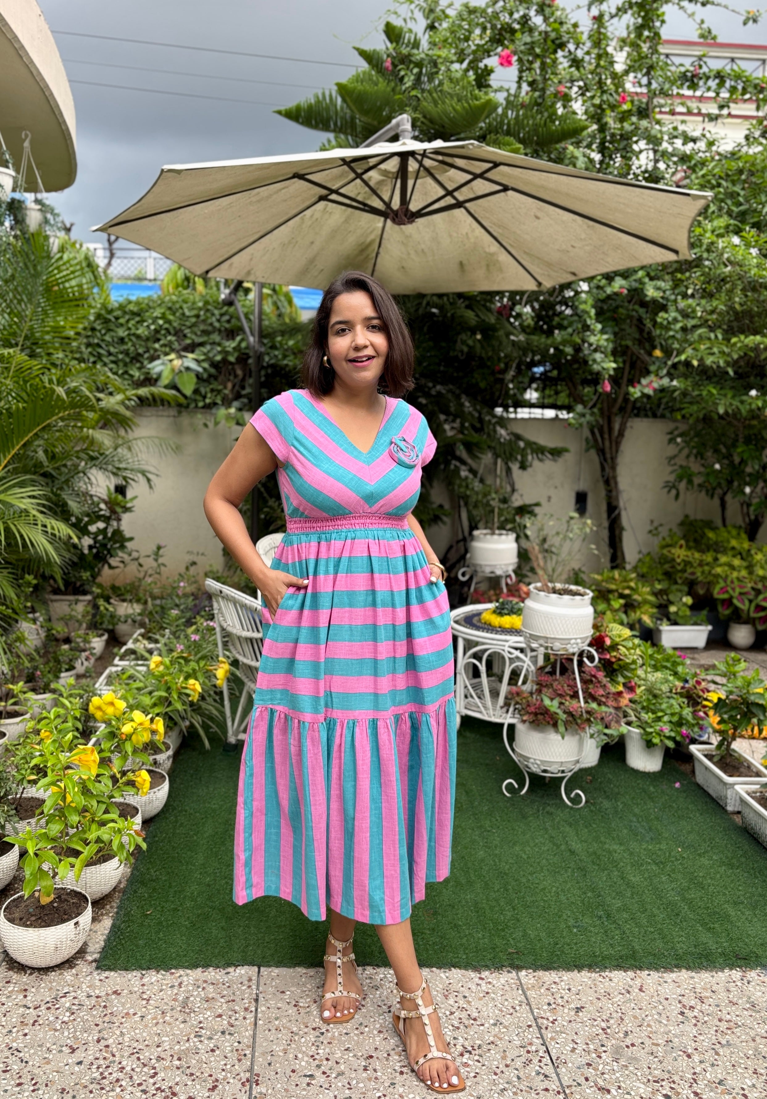 Striped Cotton Linen Midi Dress with 3D Flower image 4