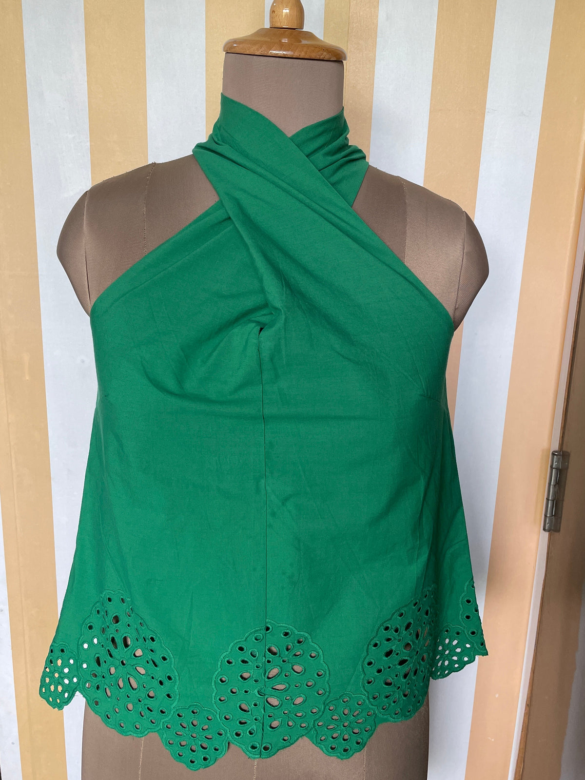 Emerald Green Schiffli Twist Halter Cotton Top