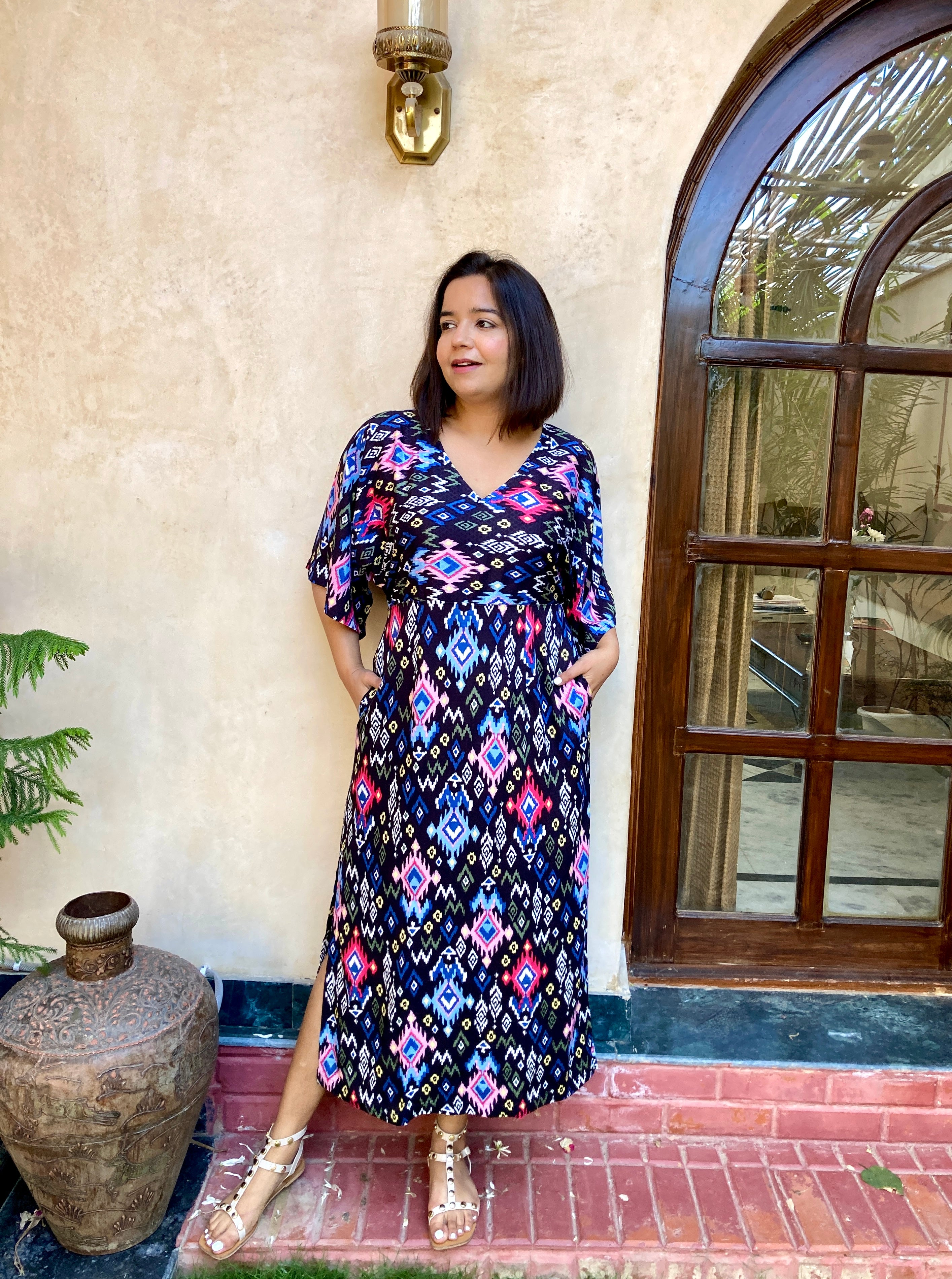 Black Ikat Kaftan Dress image 0