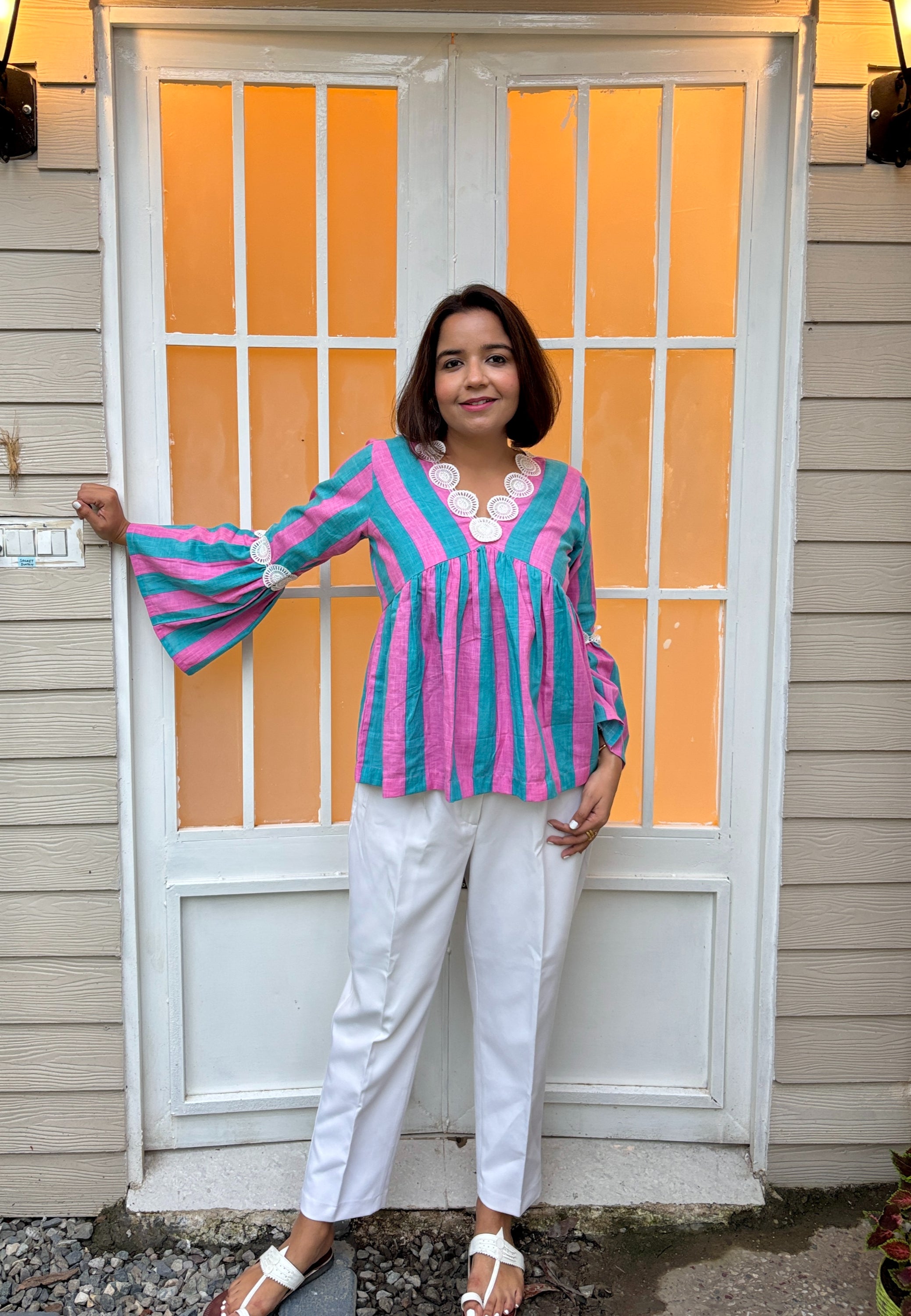 Candy Stripe Flare Sleeve Top image 0