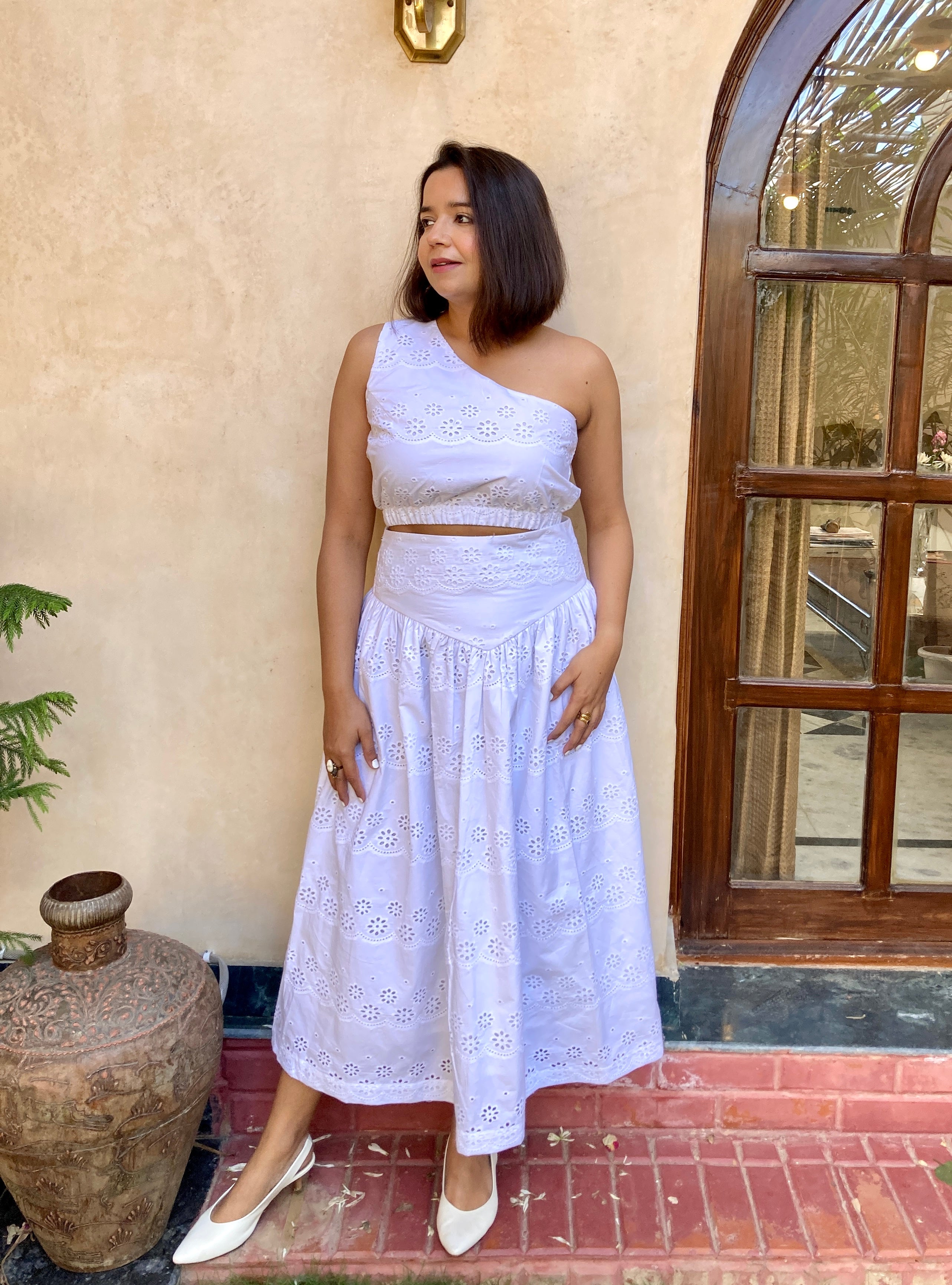 White Schiffli One Shoulder Top and Skirt Coord Set image 0