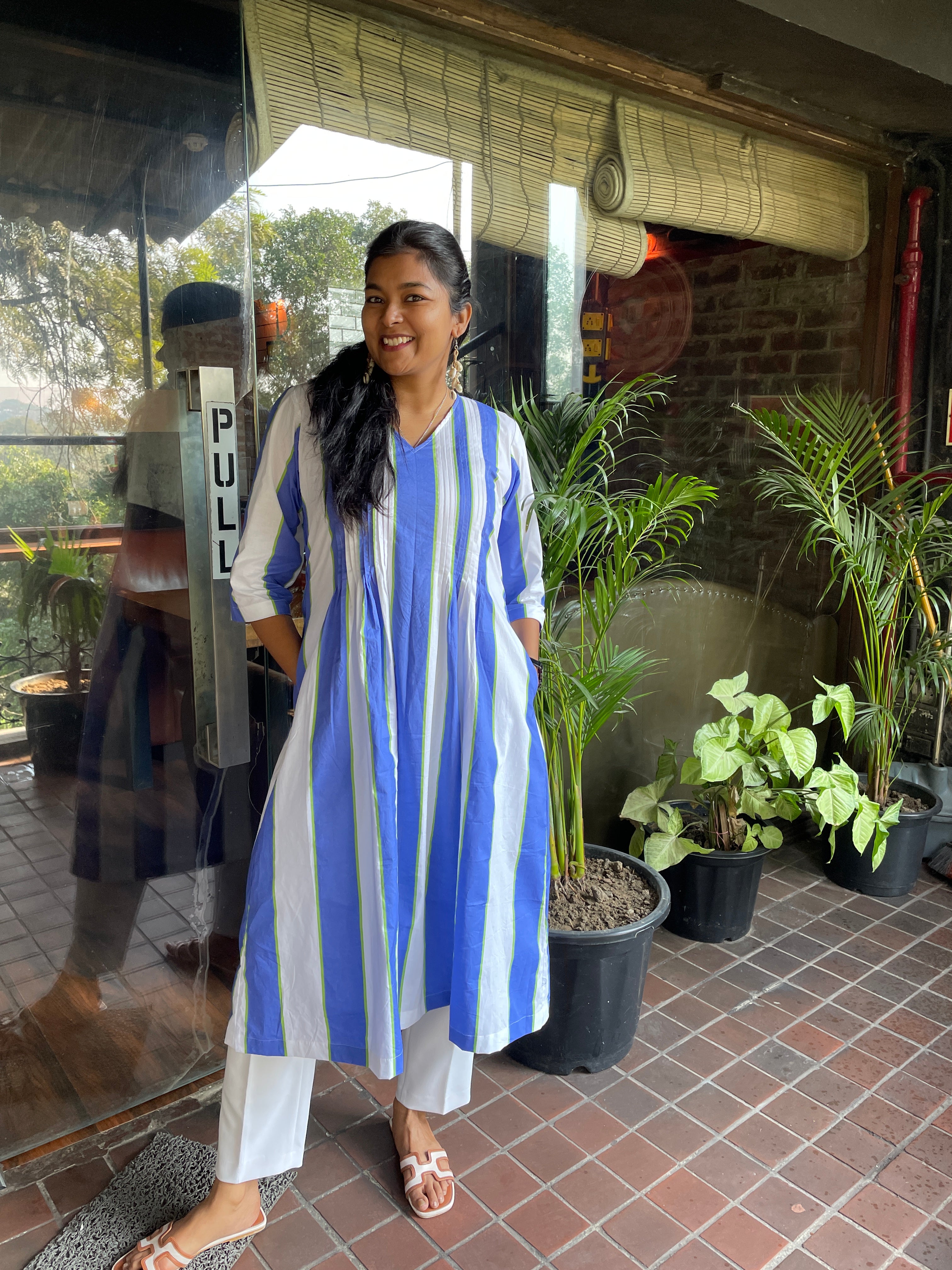 Blue Stripe Pintex A-Line Kurta image 3