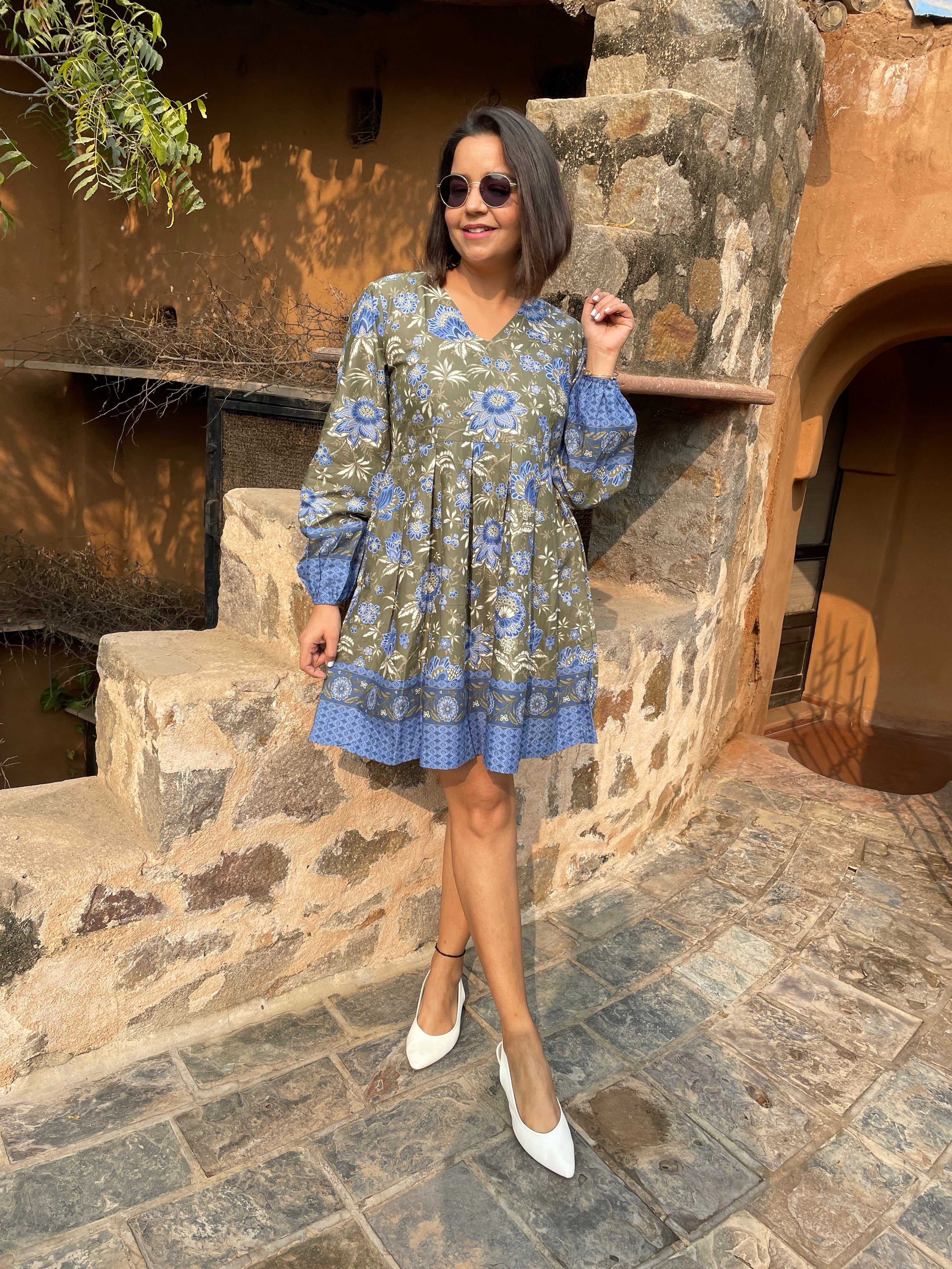 Olive Balloon Sleeves Skater Dress image 1