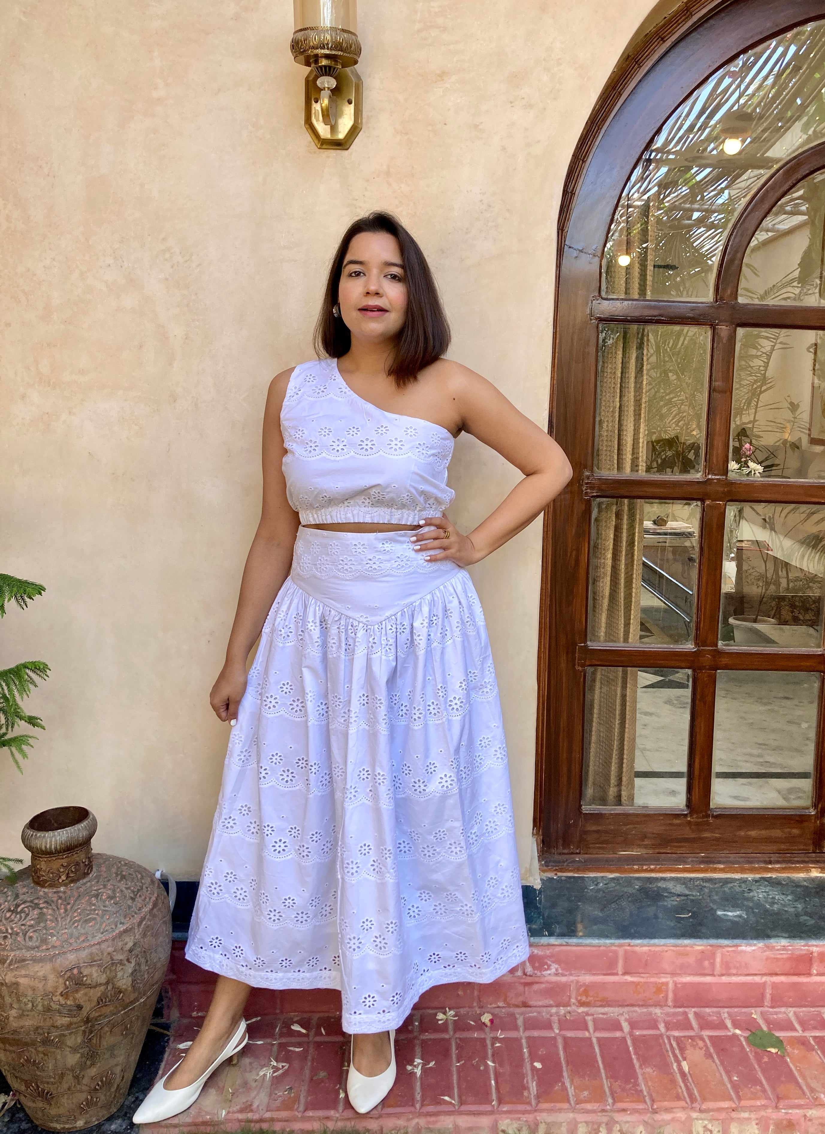 White Schiffli One Shoulder Top and Skirt Coord Set image 6