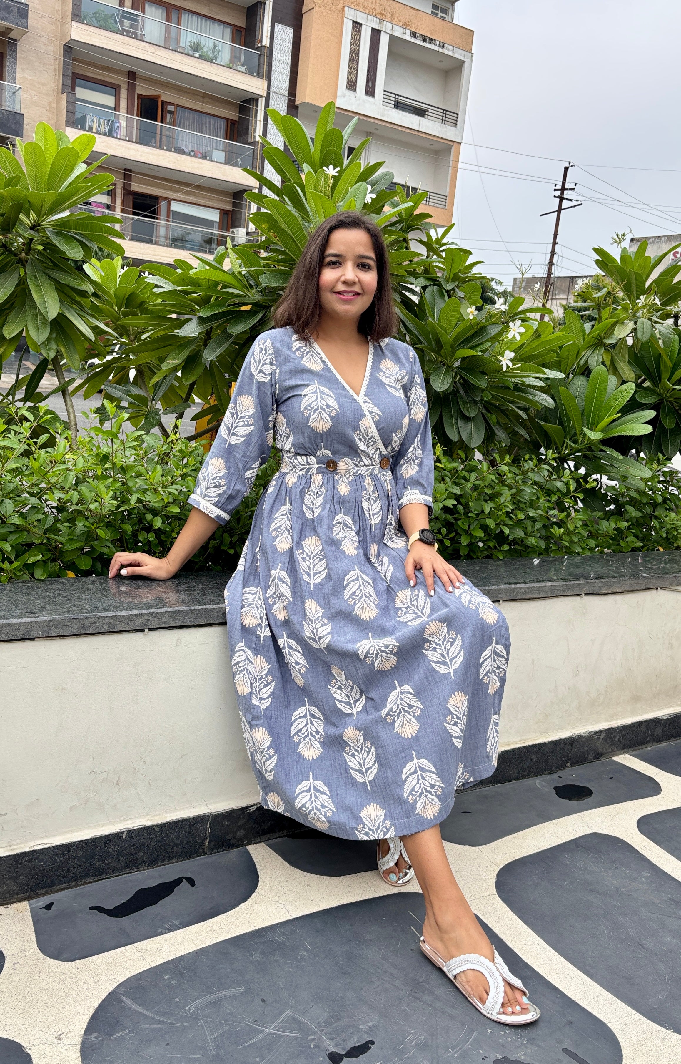 Blue Printed Wrap Dress Lace Detail & Pockets image 2