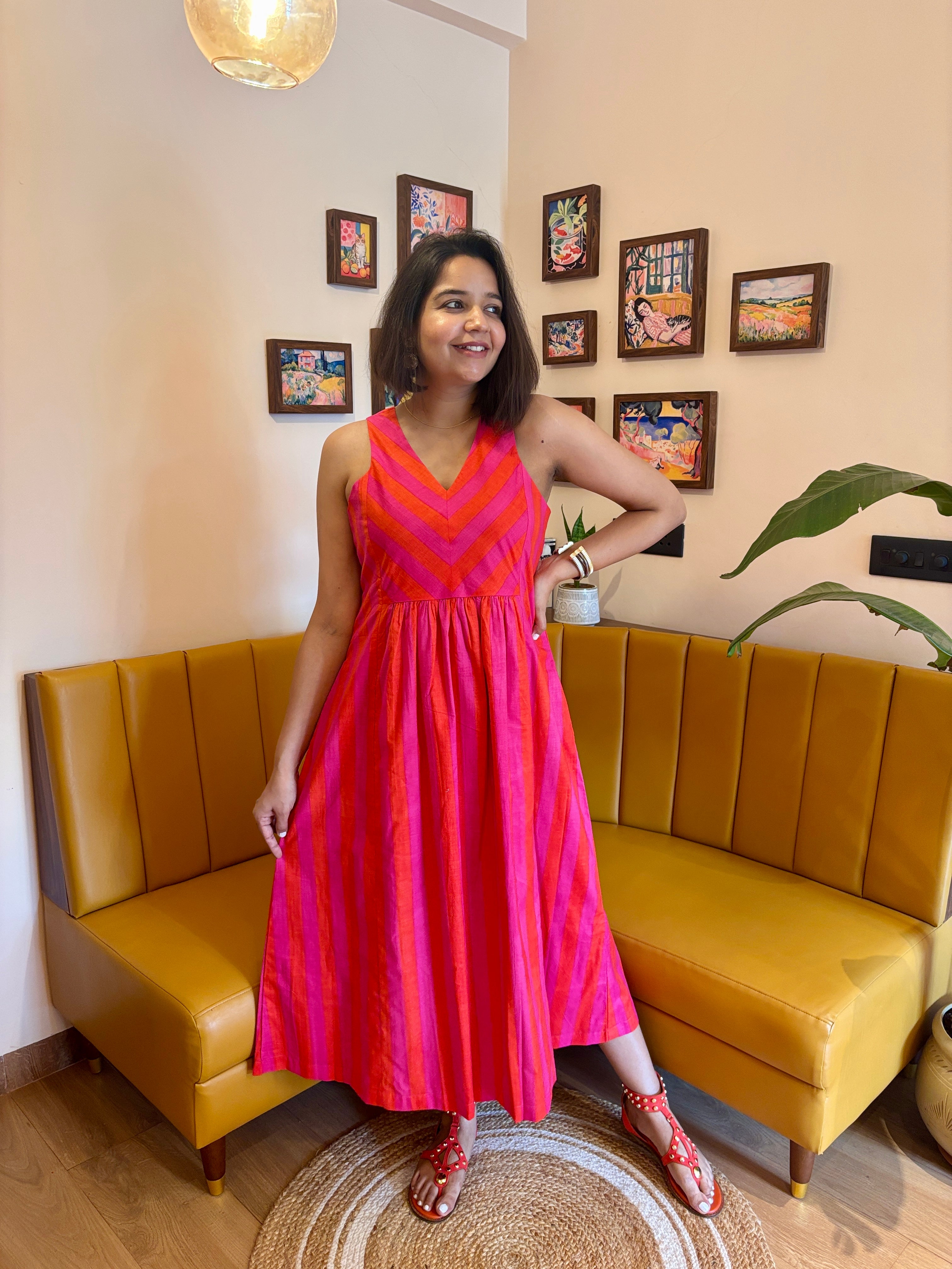 Pink Orange Stripe Cotton Midi Dress for Women