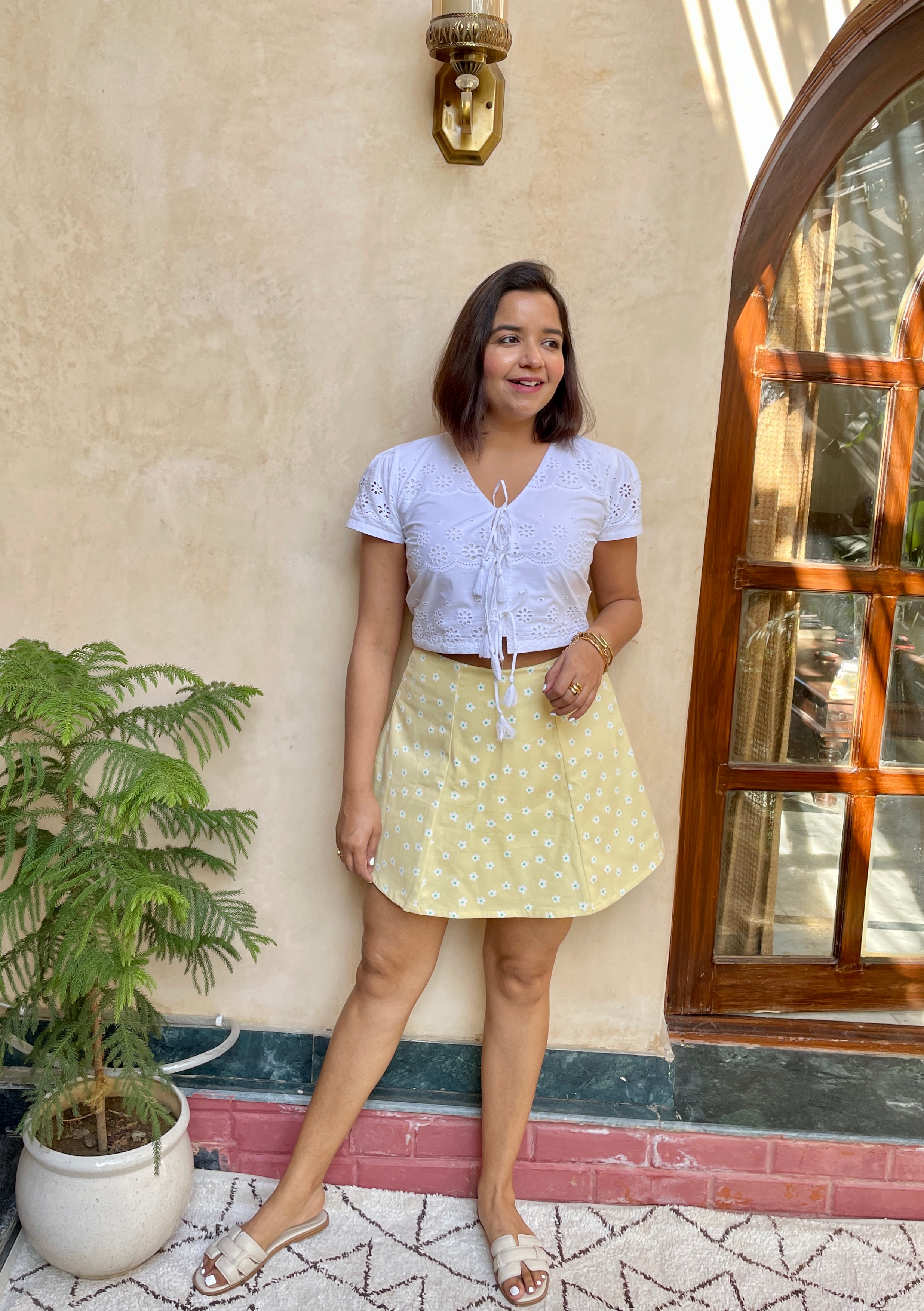 White Schiffli Top and Yellow Skorts Coord Set image 0