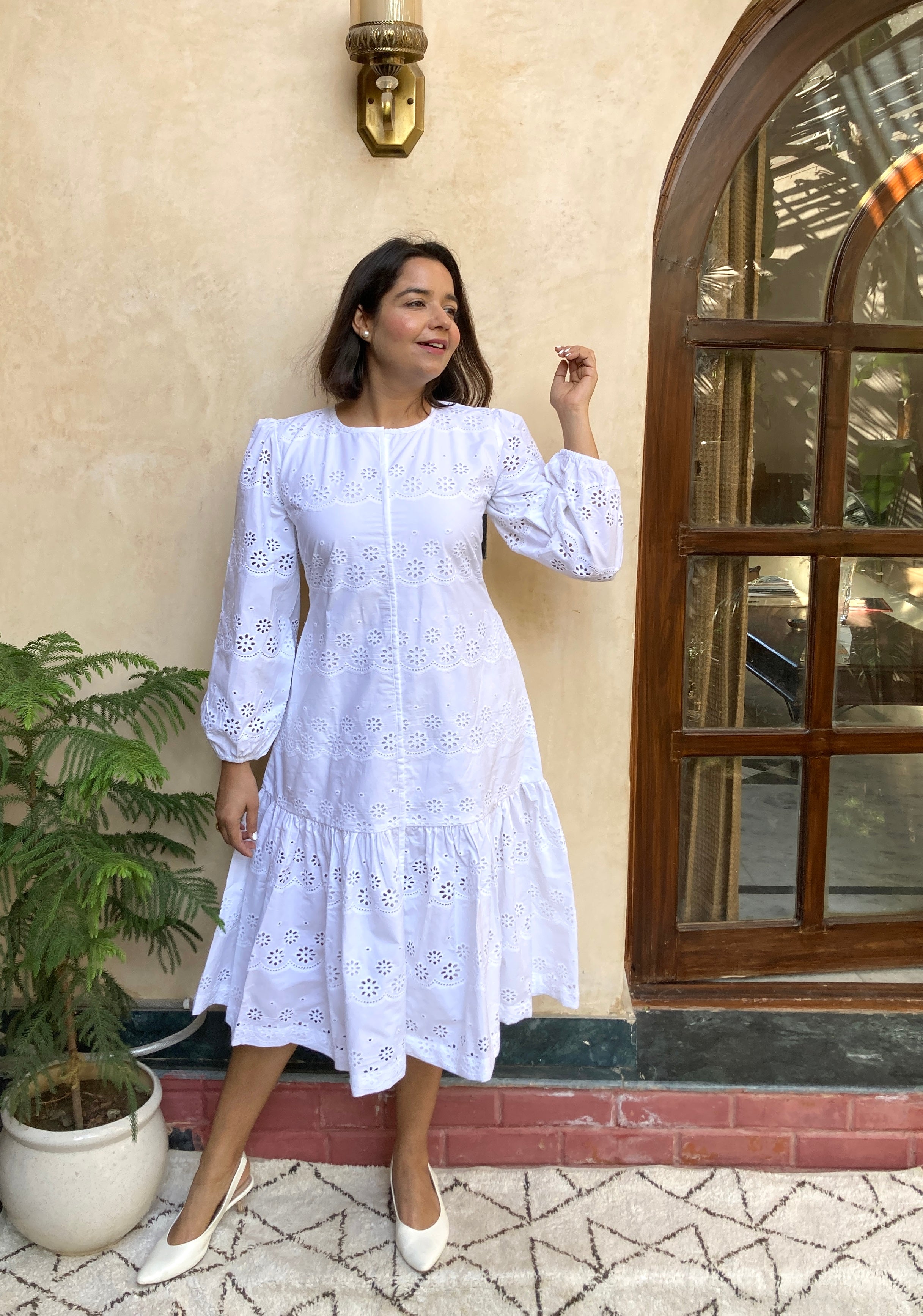 White Schiffli Midi Dress image 5