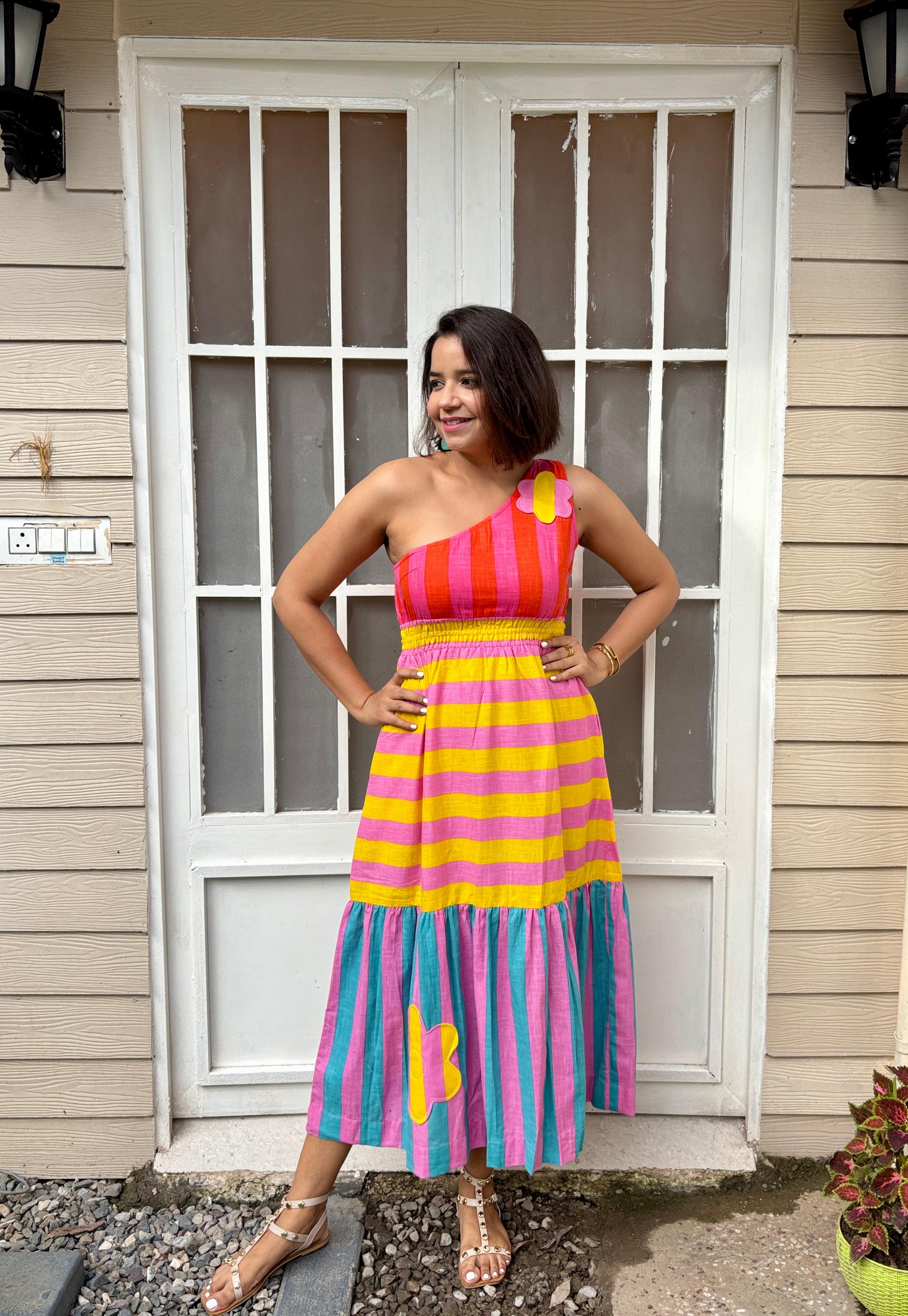 One-Shoulder Appliqué StripedDress image 4