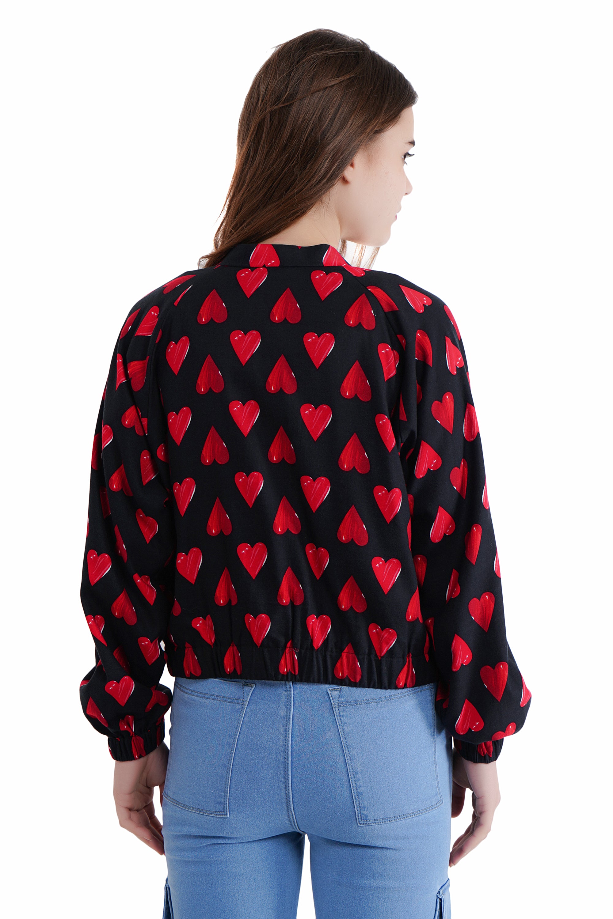 Black Red Heart Cotton Bomber Jacket image 3