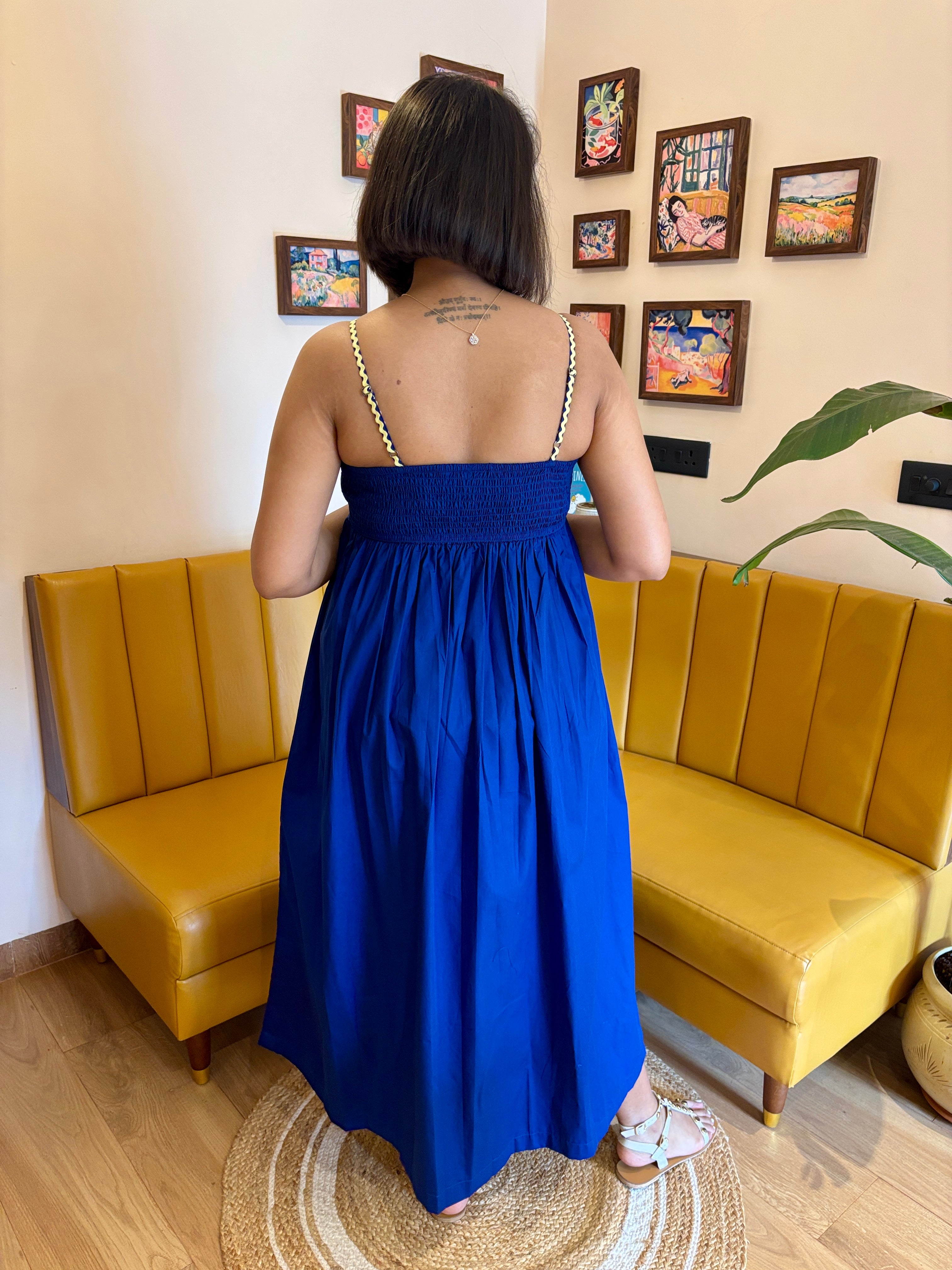 Blue Cotton Front Knot Maxi Dress for Women