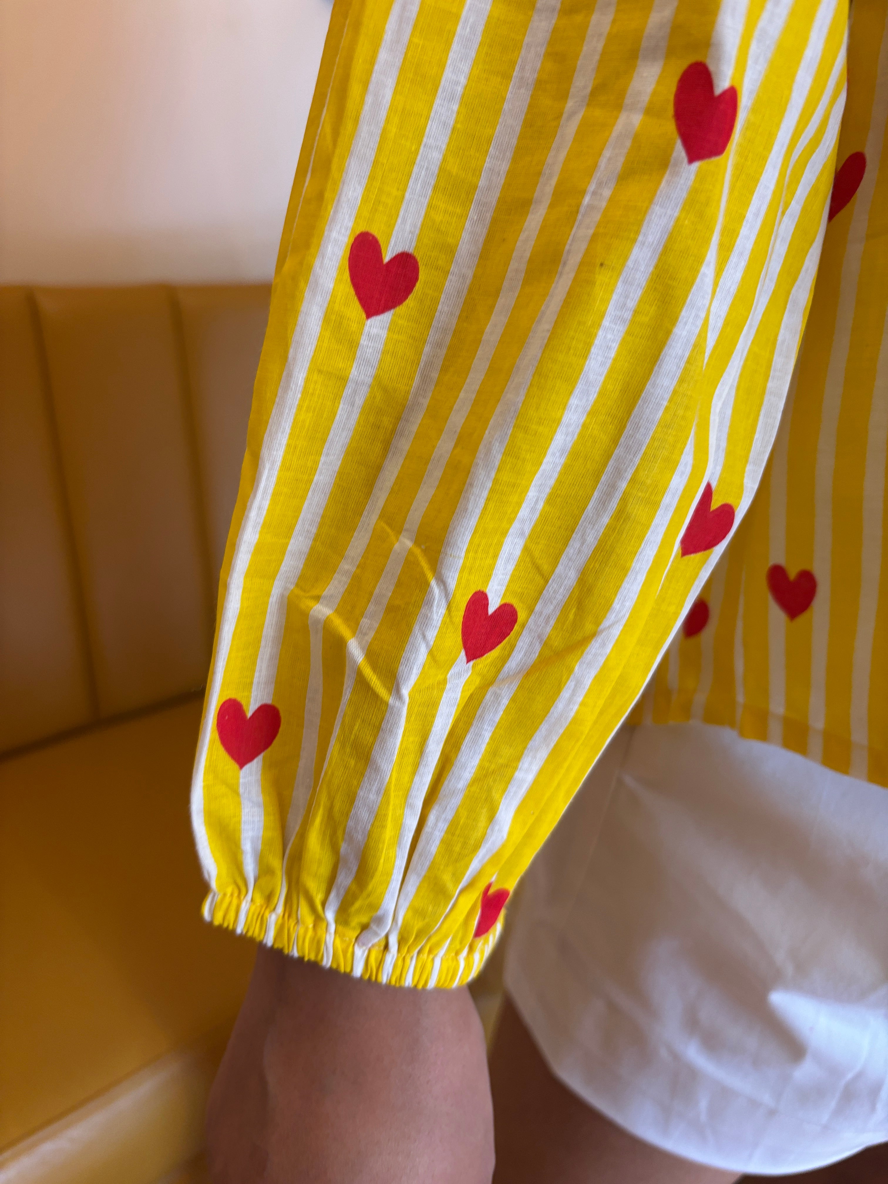Yellow Stripe Heart Print Cotton Shirt for Women