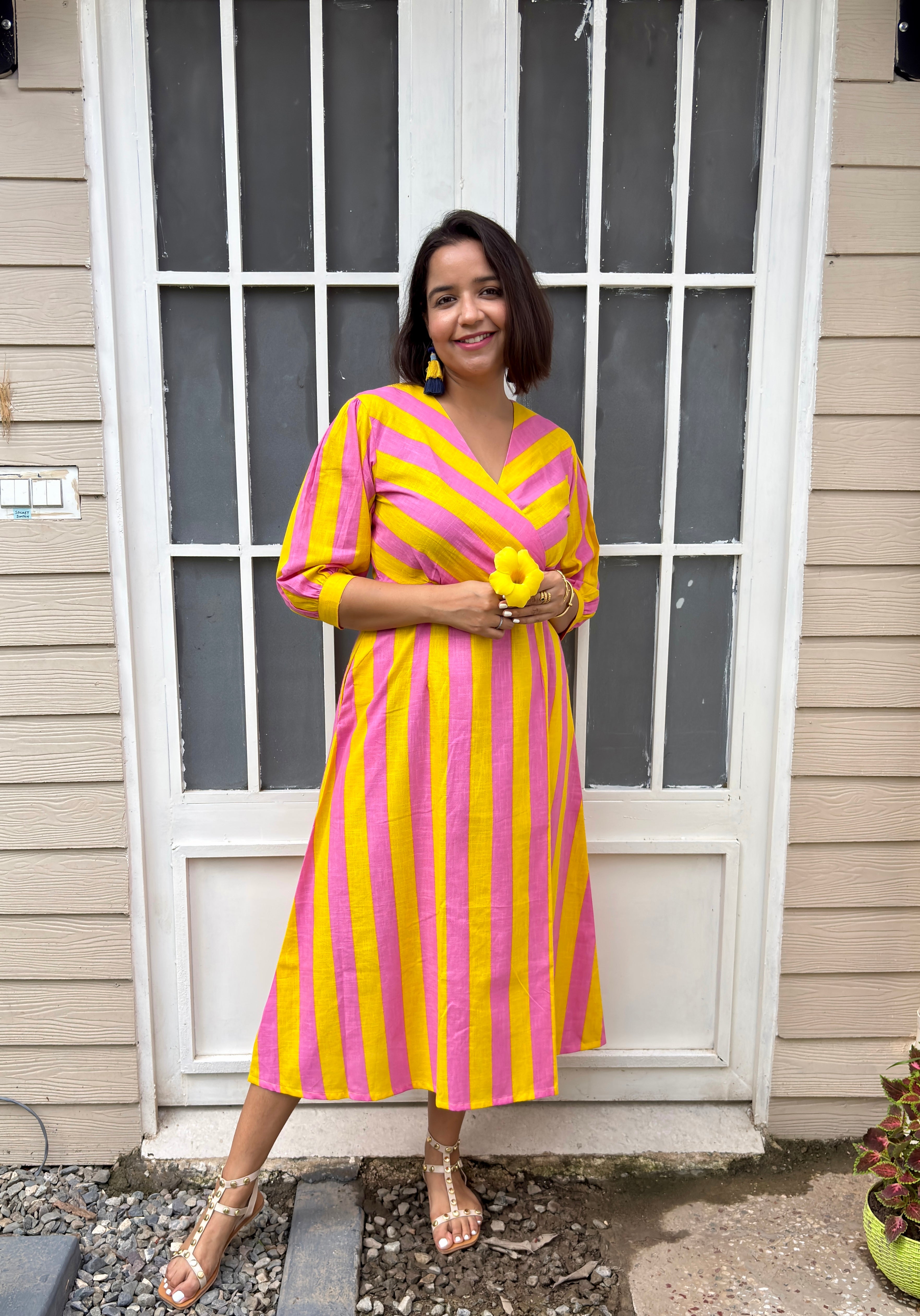 Pink Yellow Stripe Linen Cotton Midi Dress