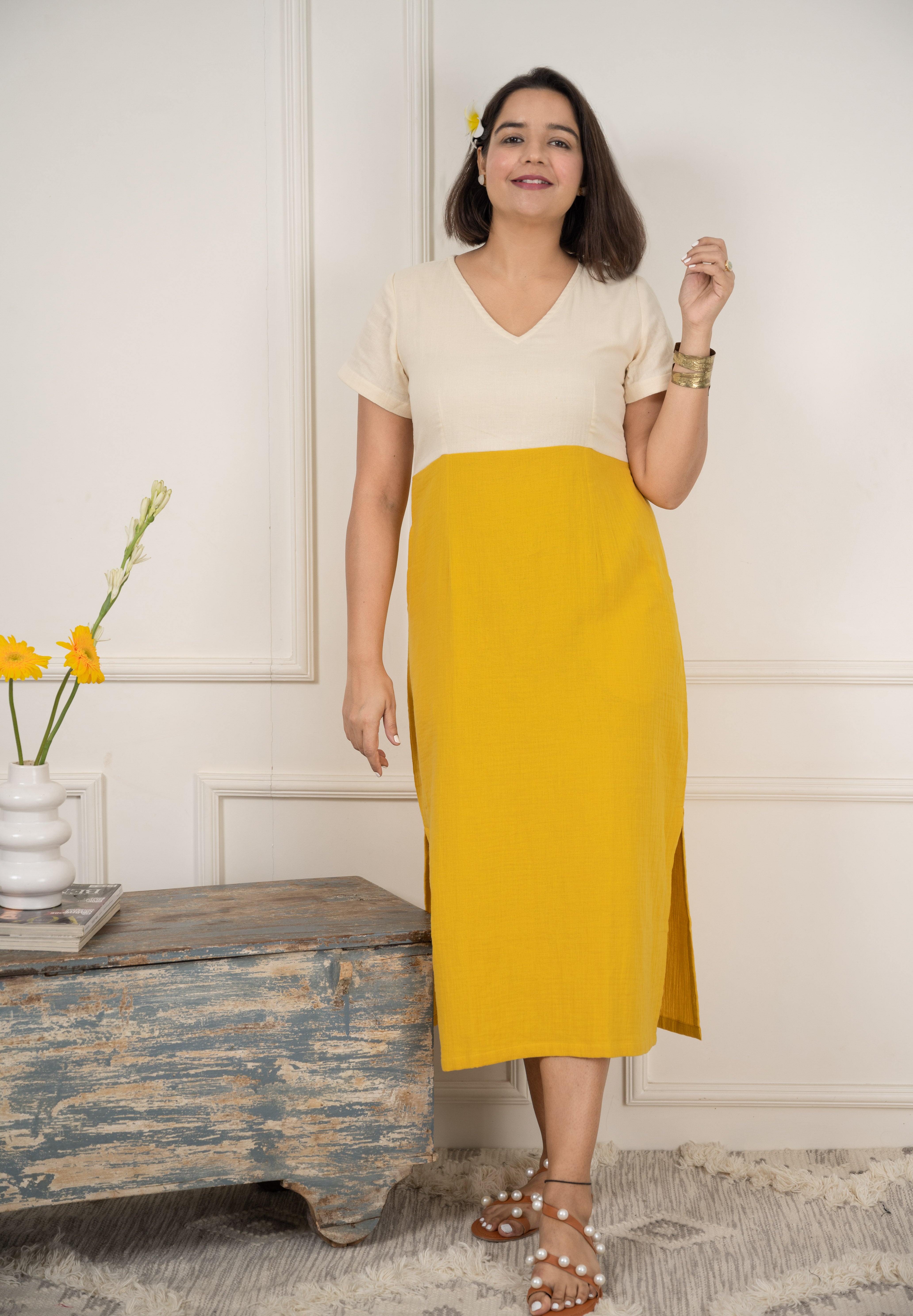 Mustard Yellow Cotton Midi Dress image 0