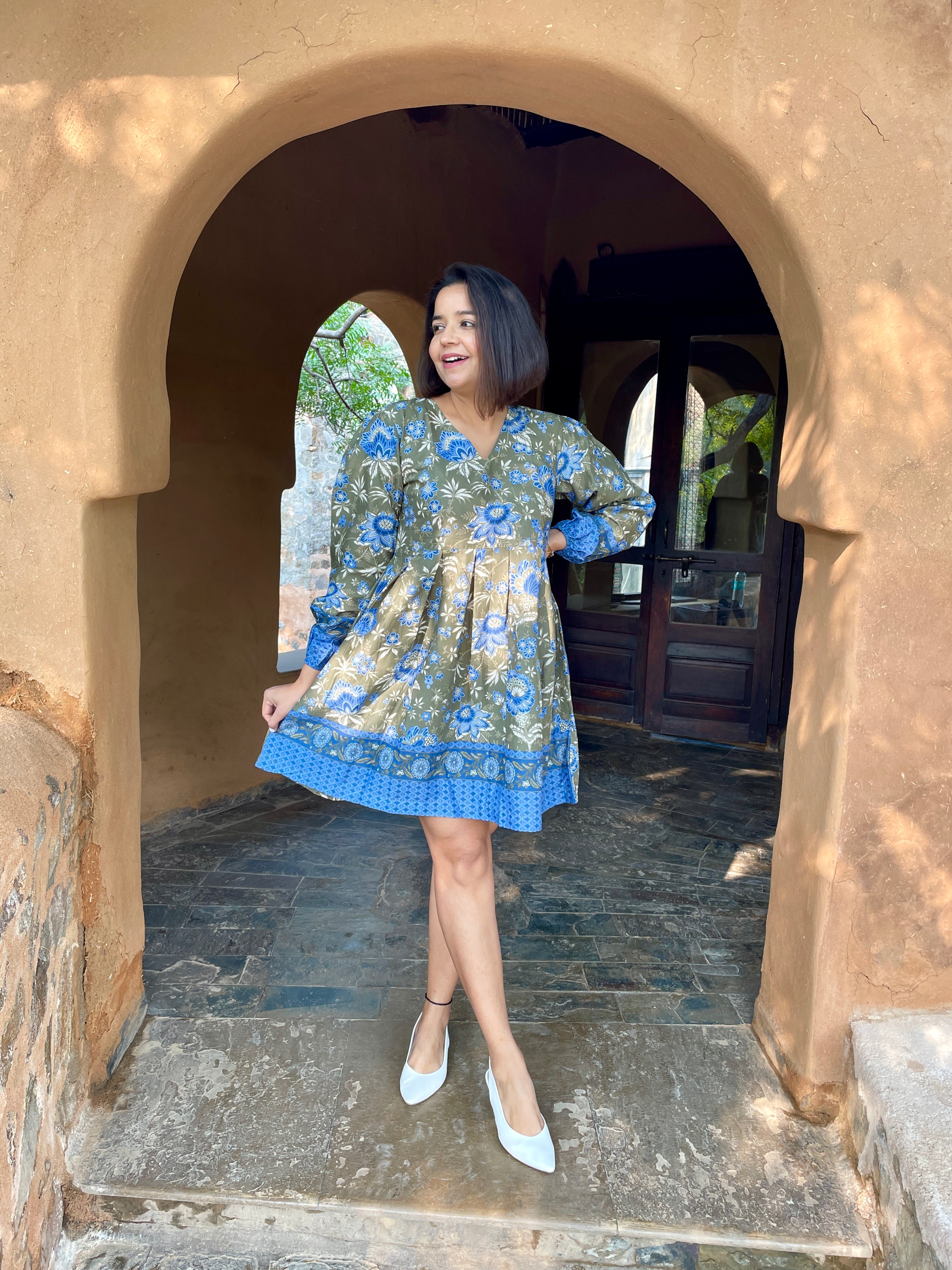 Olive Balloon Sleeves Skater Dress image 0