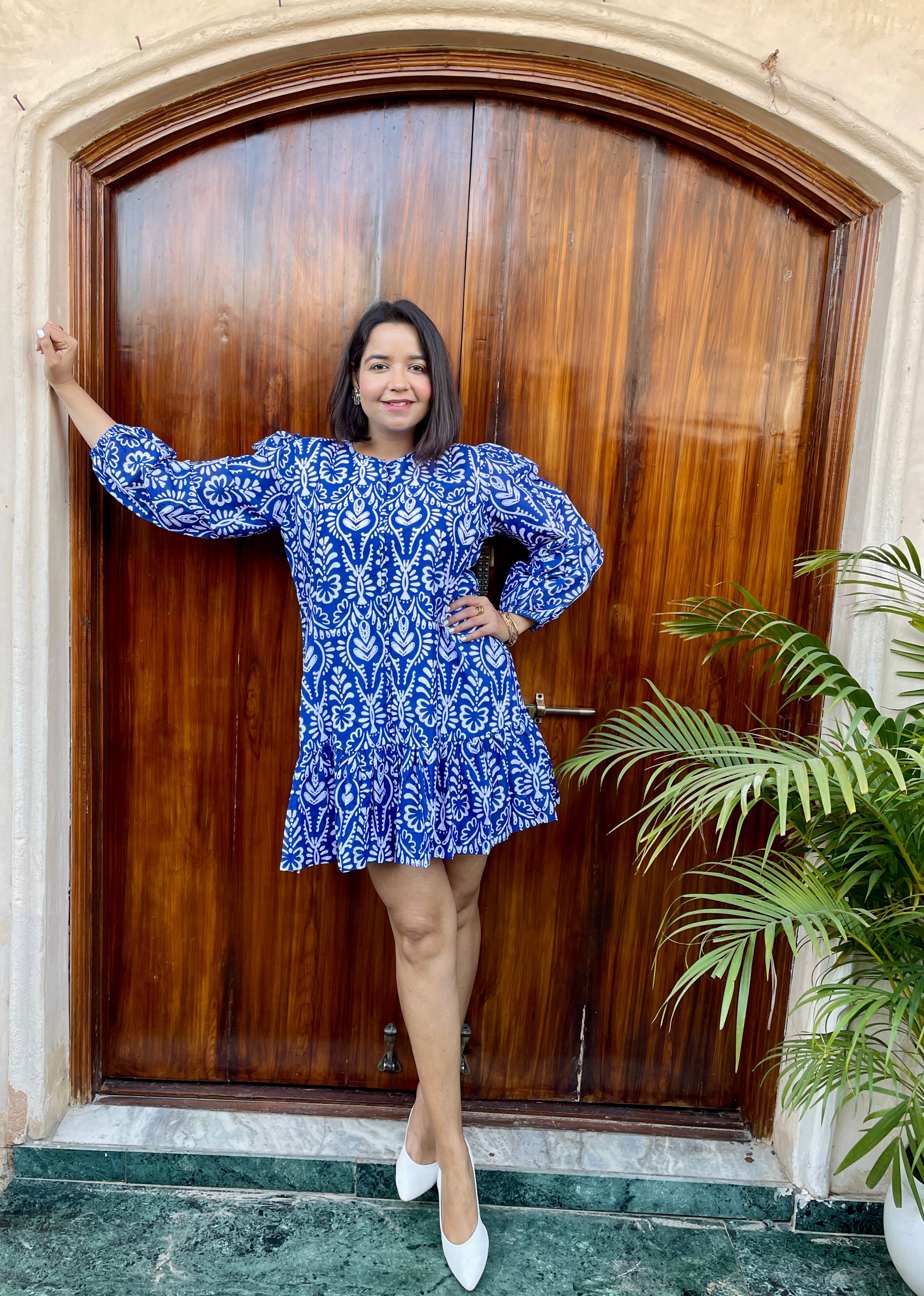 Blue and White Flounce Hem Mini Dress image 8