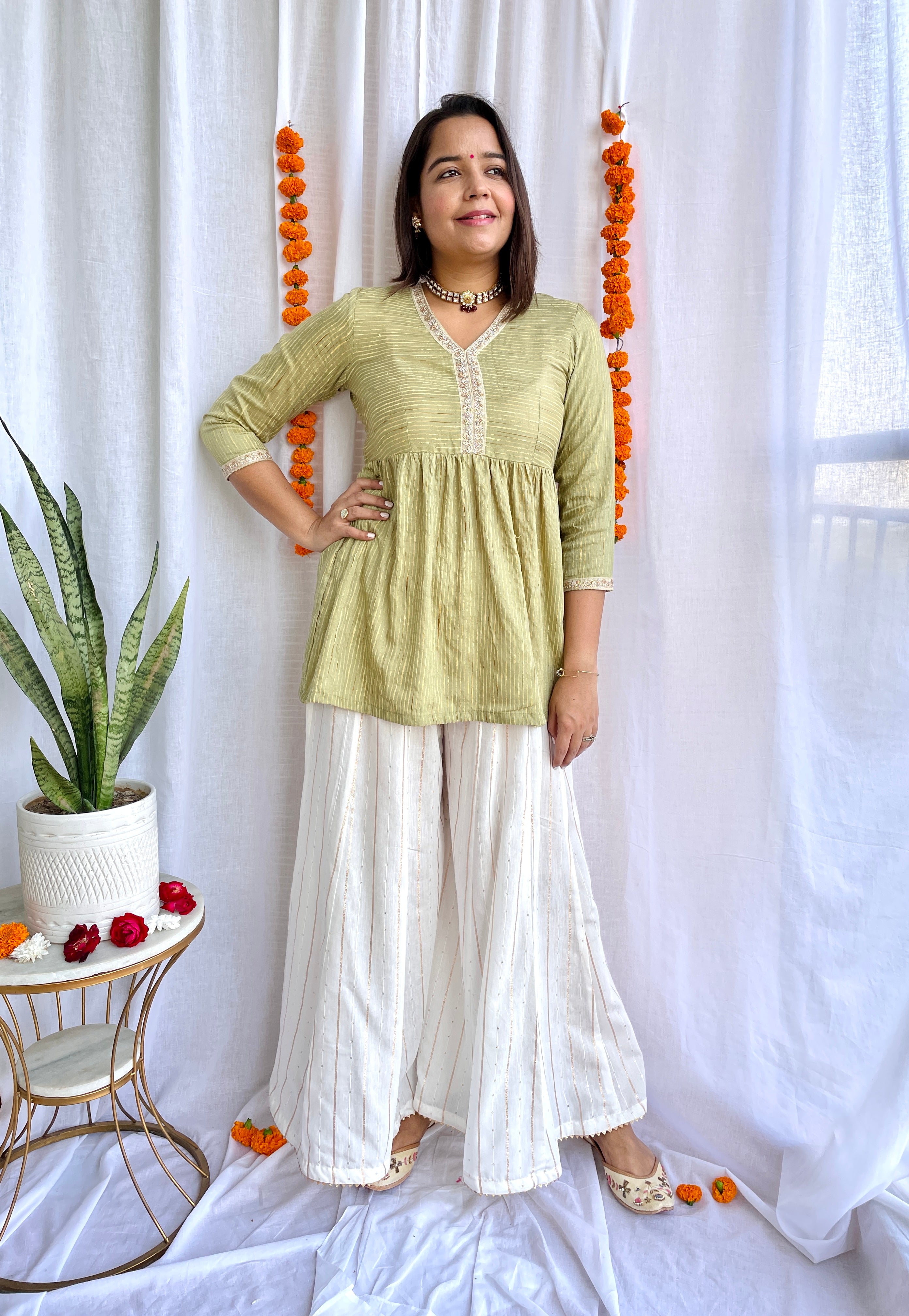 Green White Sharara Suit Set image 2