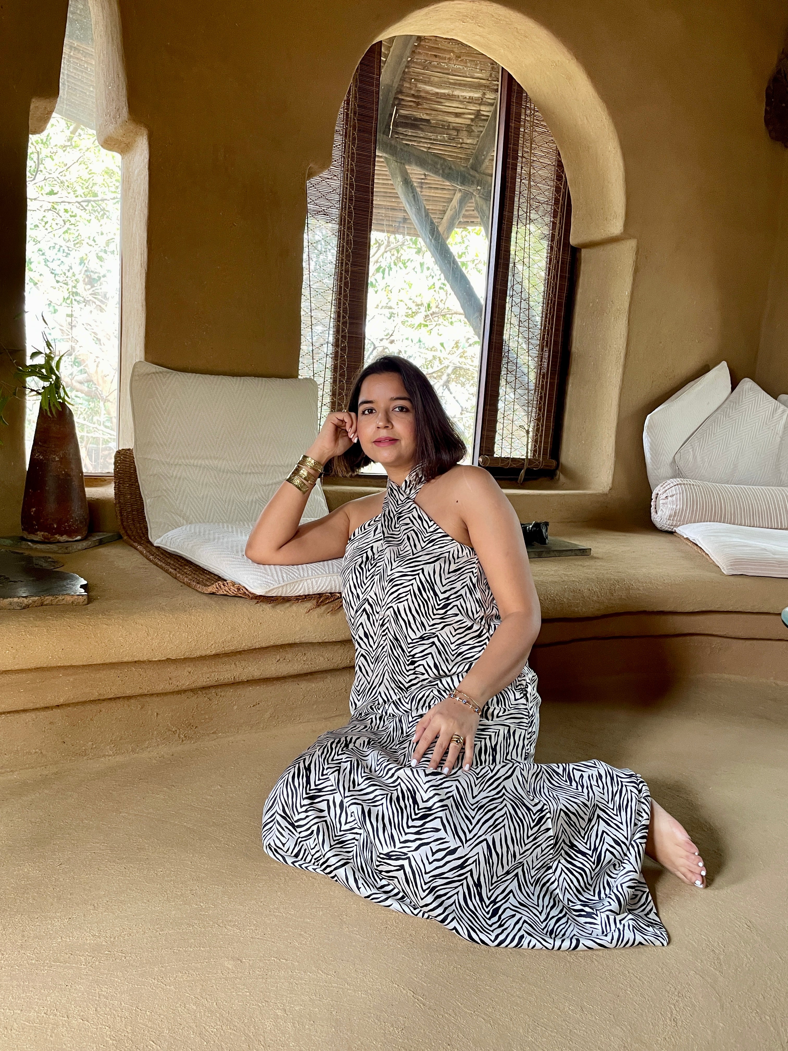 Beige Printed Halter Maxi Dress image 4