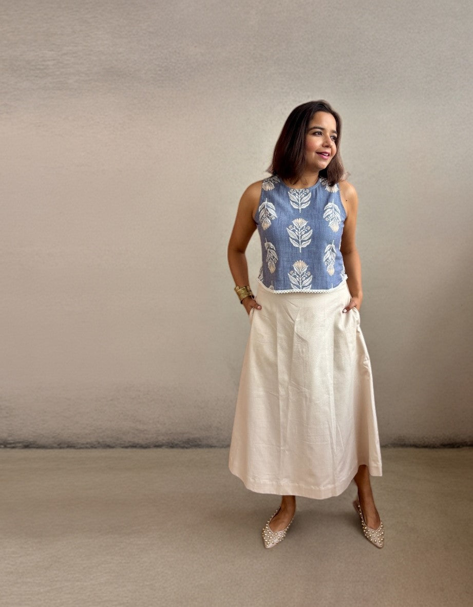 Blue Cotton Crop Top with Lace Detail & Keyhole Back image 2