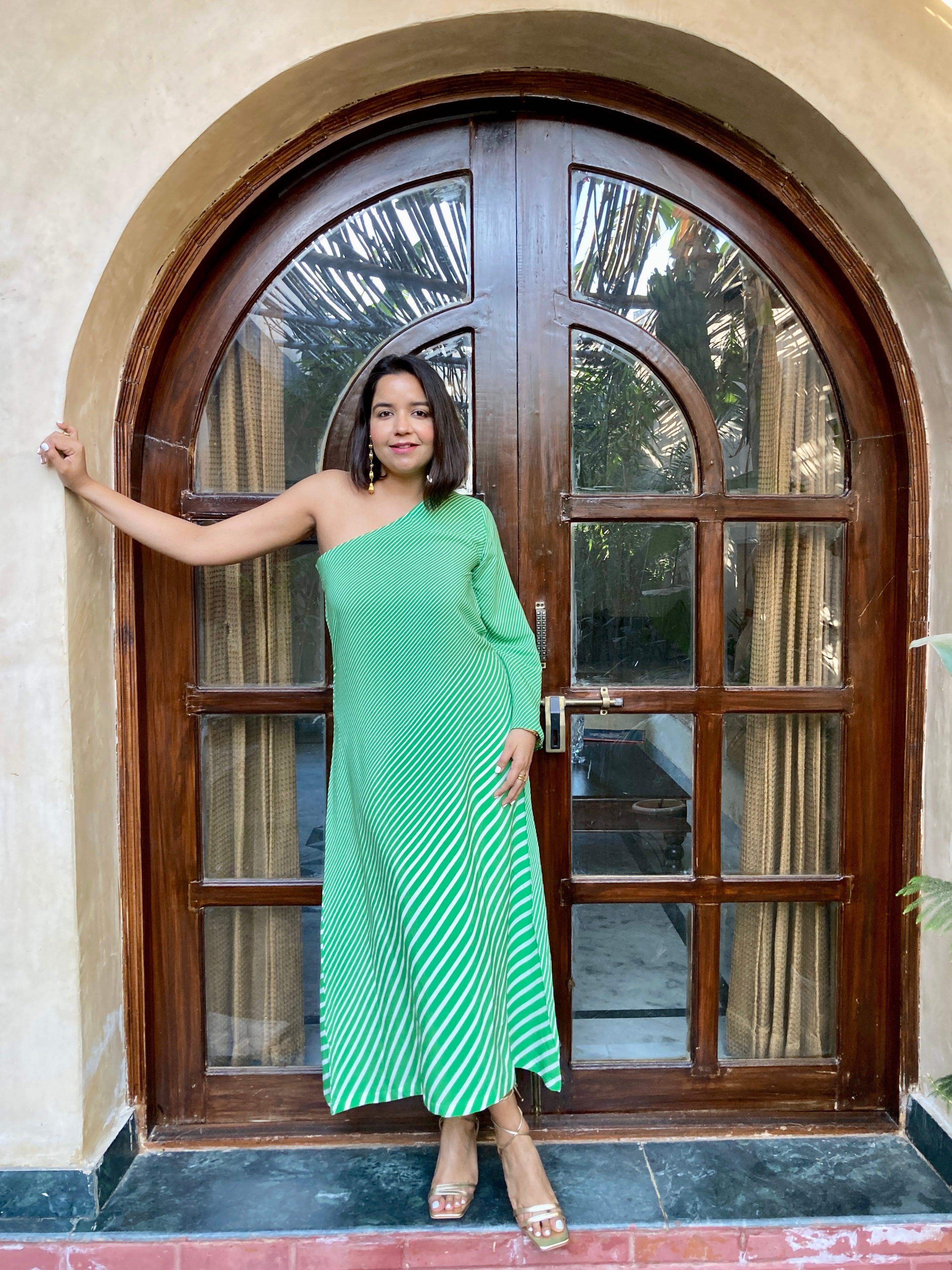 Green Stripe One Shoulder Maxi Dress image 1