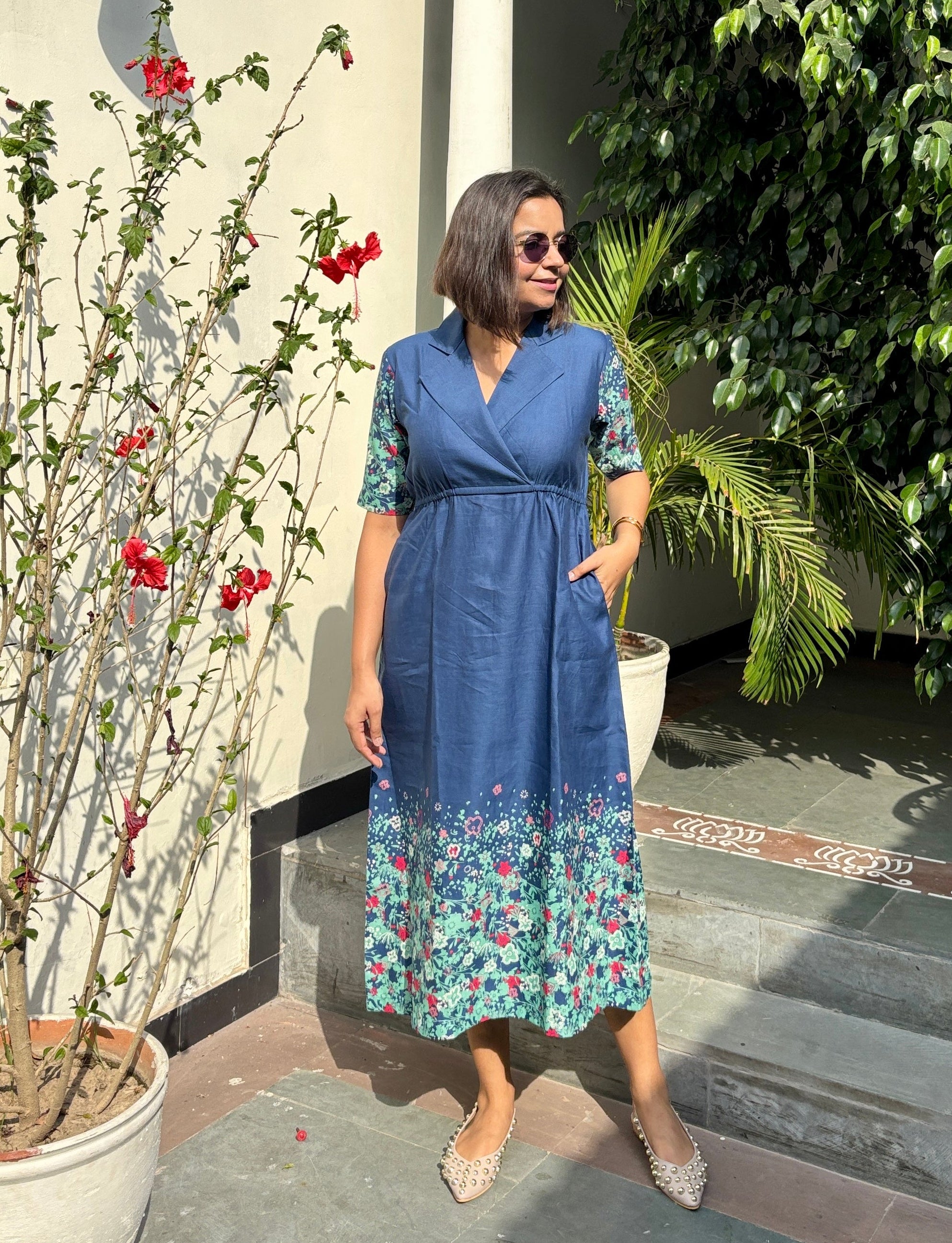 Dusky Blue Linen Printed Midi Dress image 2
