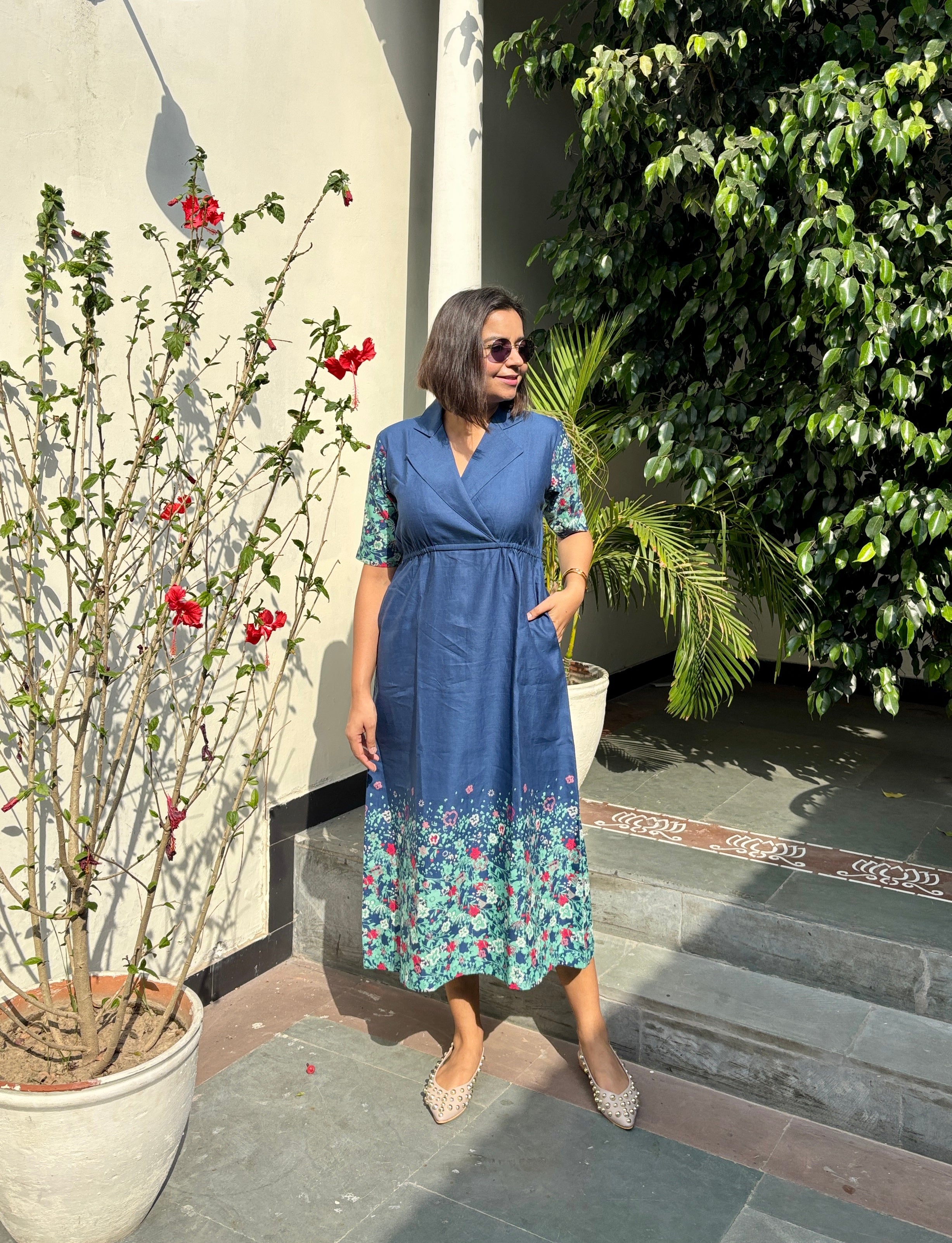 Dusky Blue Linen Printed Midi Dress image 2