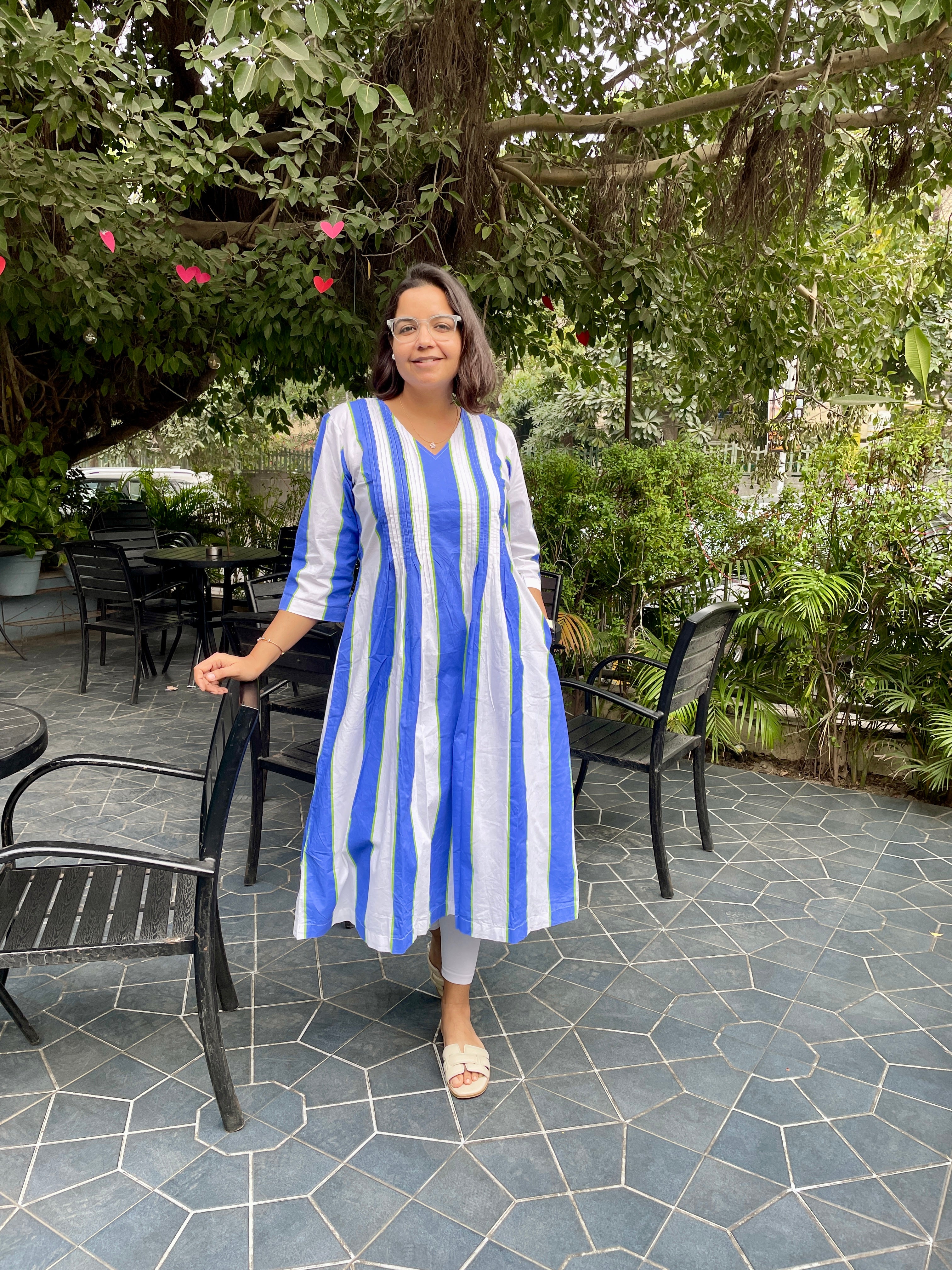 Blue Stripe Pintex A-Line Kurta image 1