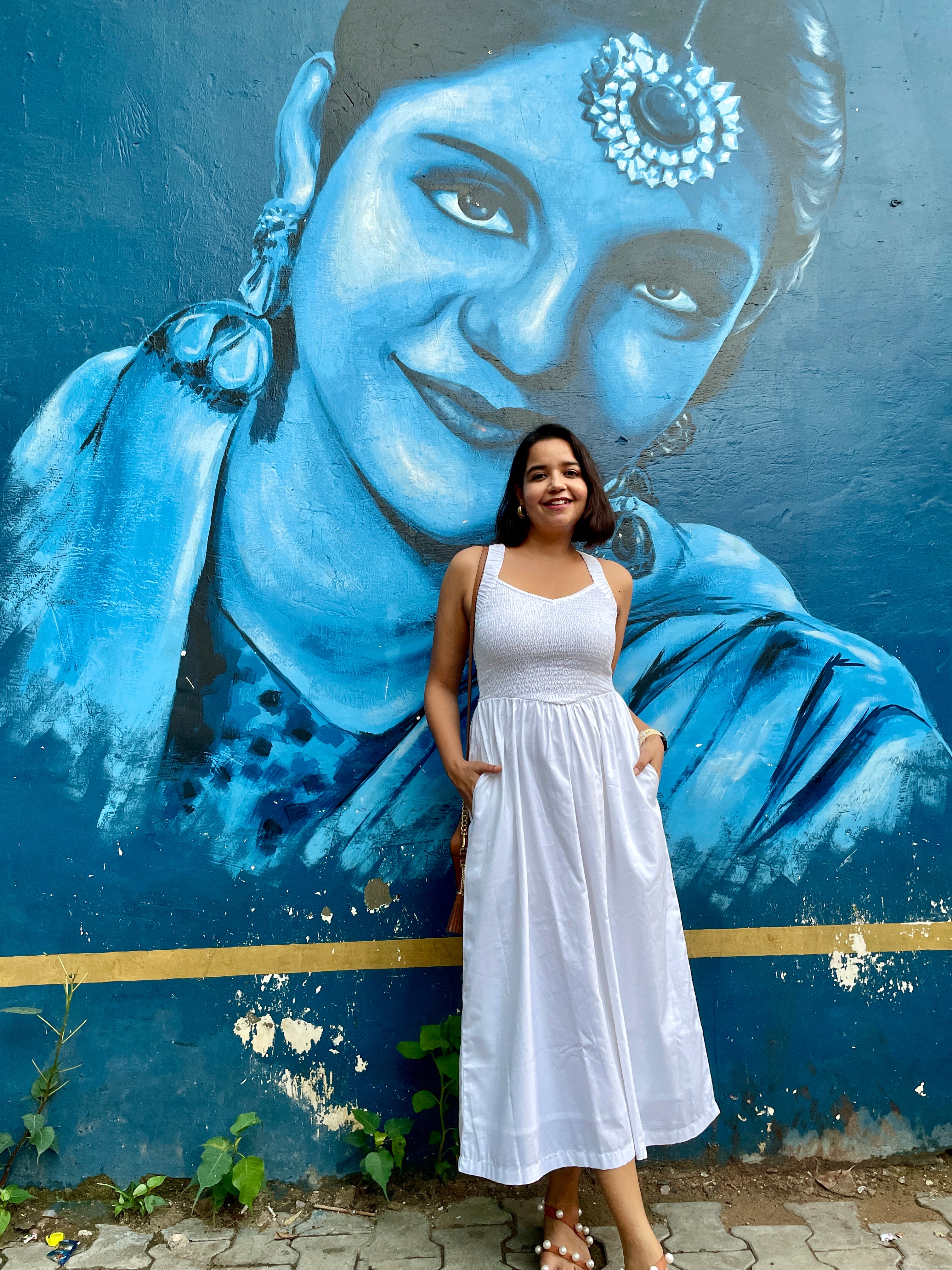 White Smocked Cotton Midi Dress with Pockets image 3