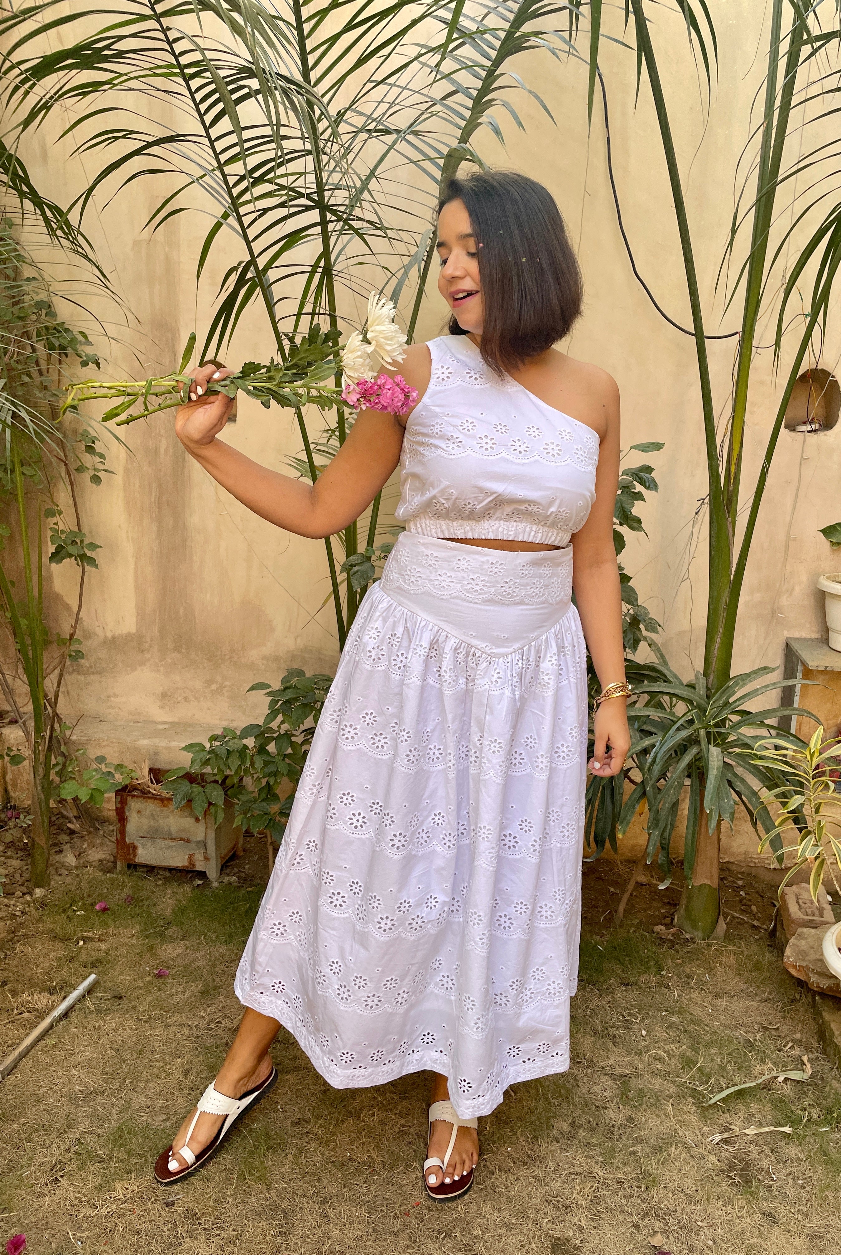 White Schiffli One Shoulder Top and Skirt Coord Set image 8