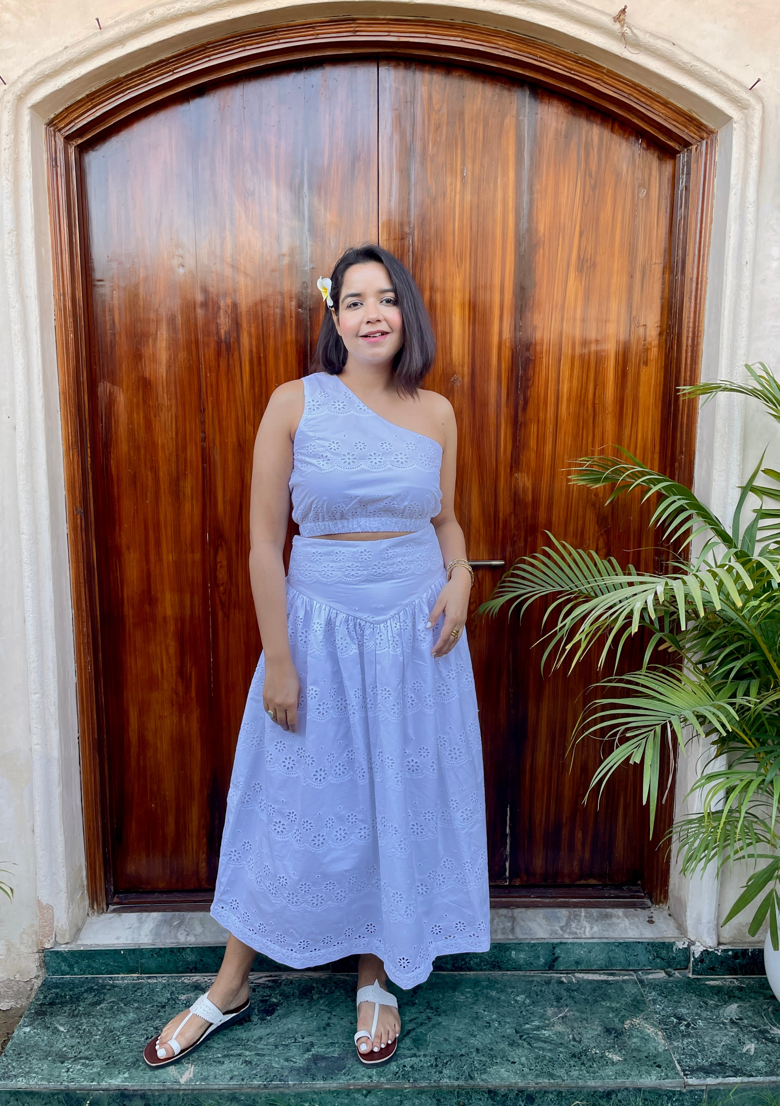 White Schiffli One Shoulder Top and Skirt Coord Set image 9