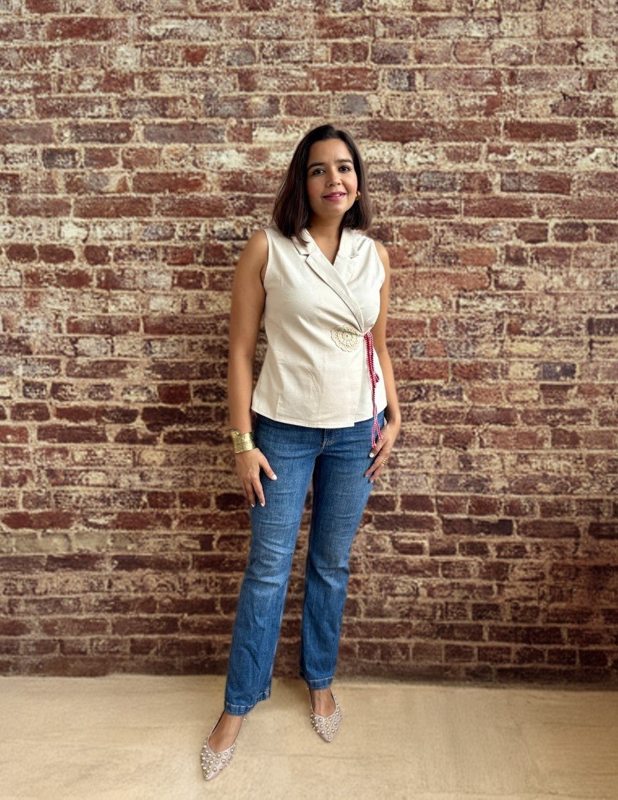 Beige Wrap Top with Lapel Collar & Crochet Detail image 0