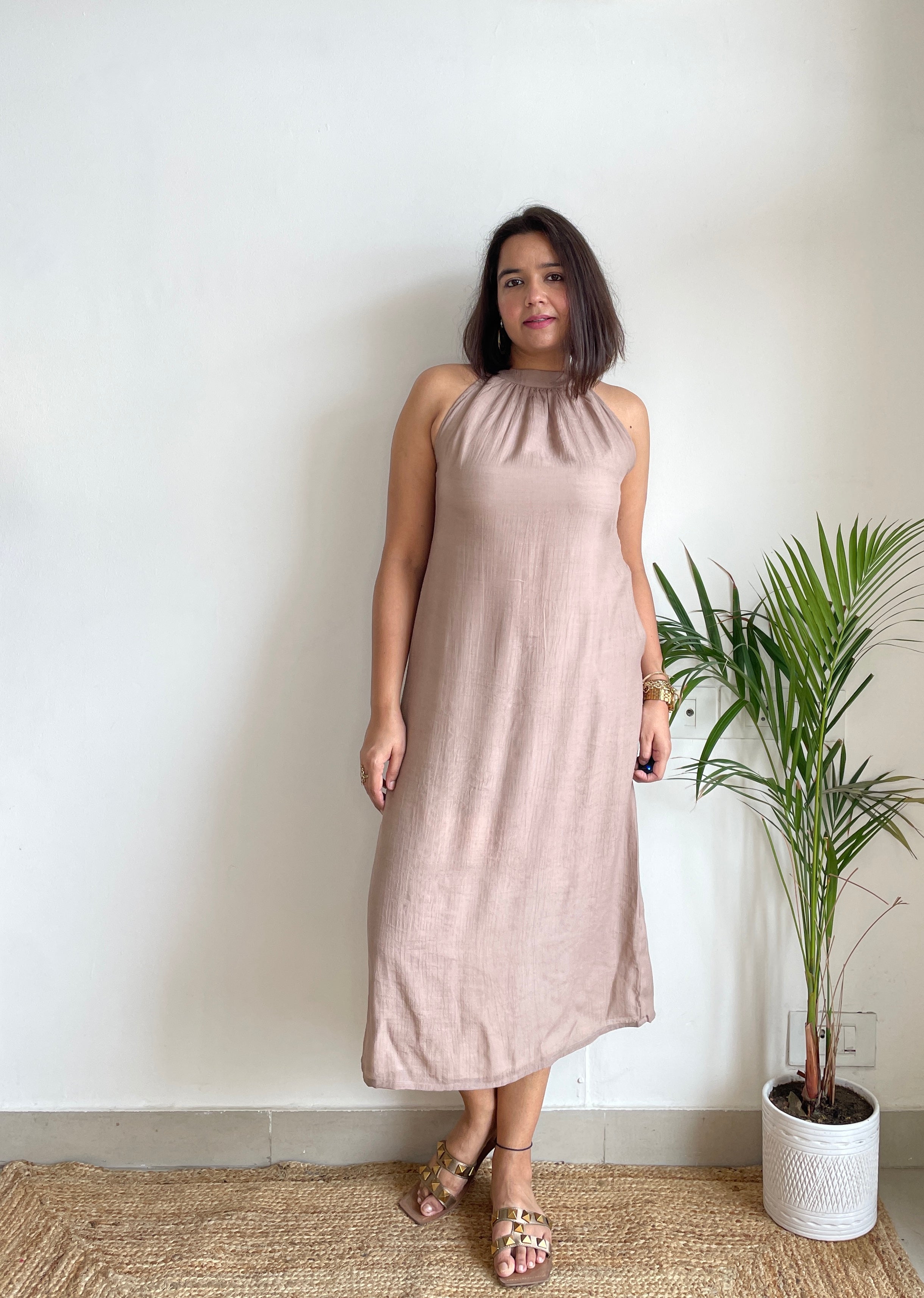 Solid Brown Halter Midi Dress image 1