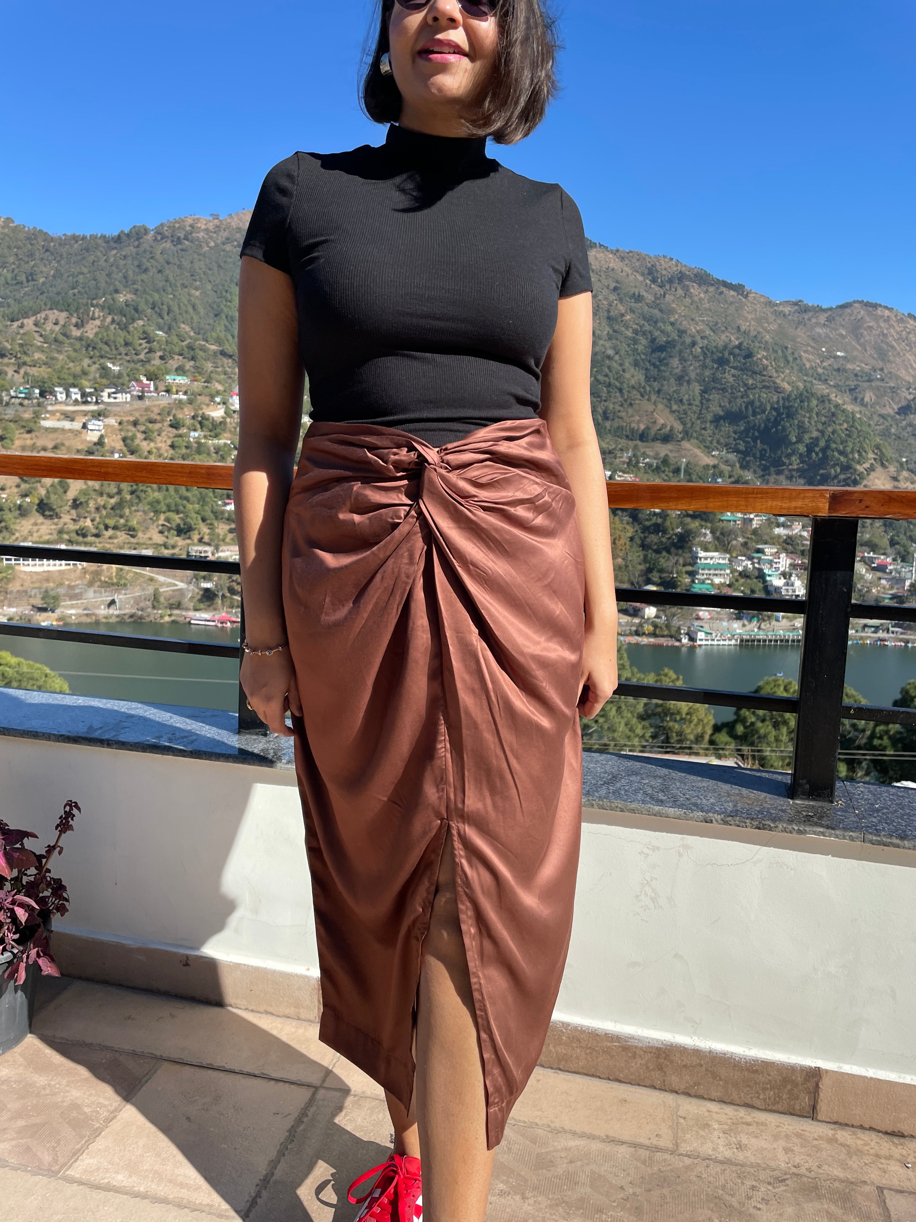 Brown Front Knot Midi Skirt image 3