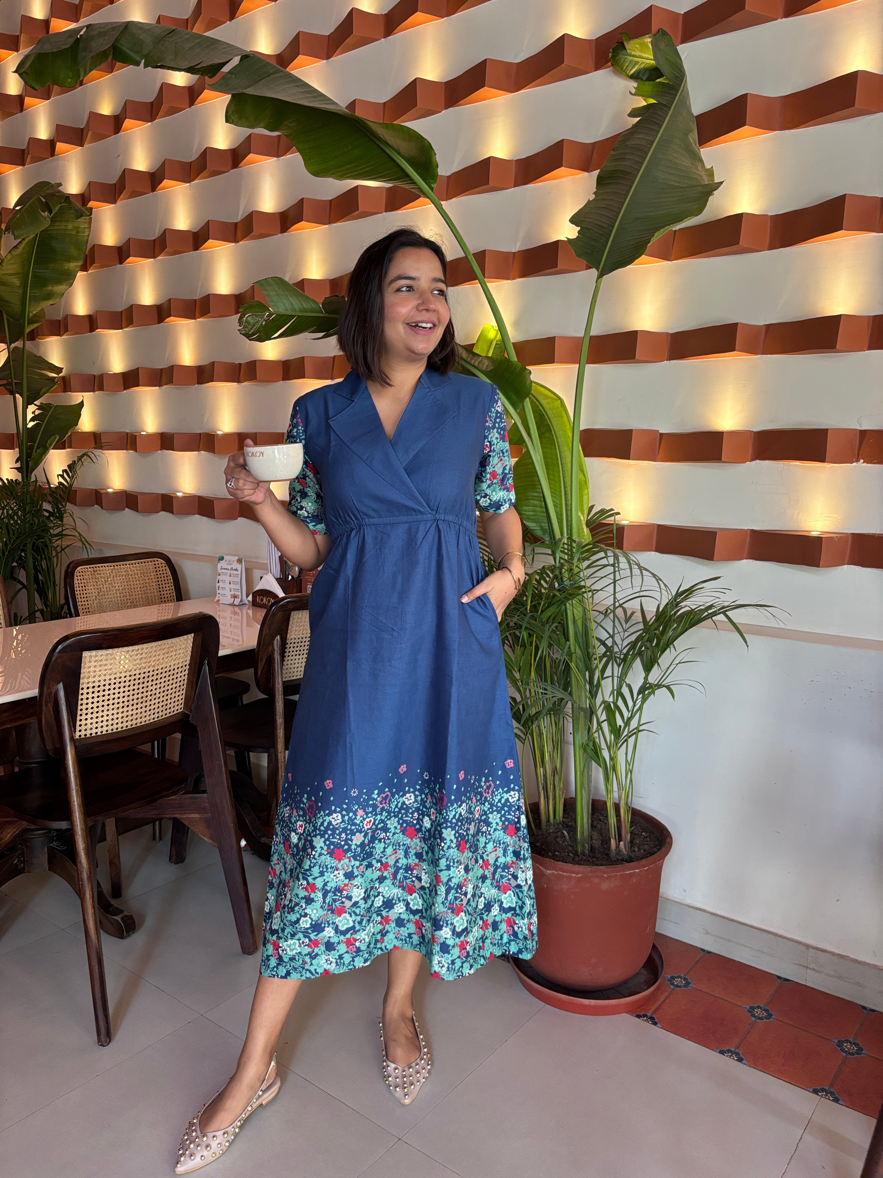 Dusky Blue Linen Printed Midi Dress image 5
