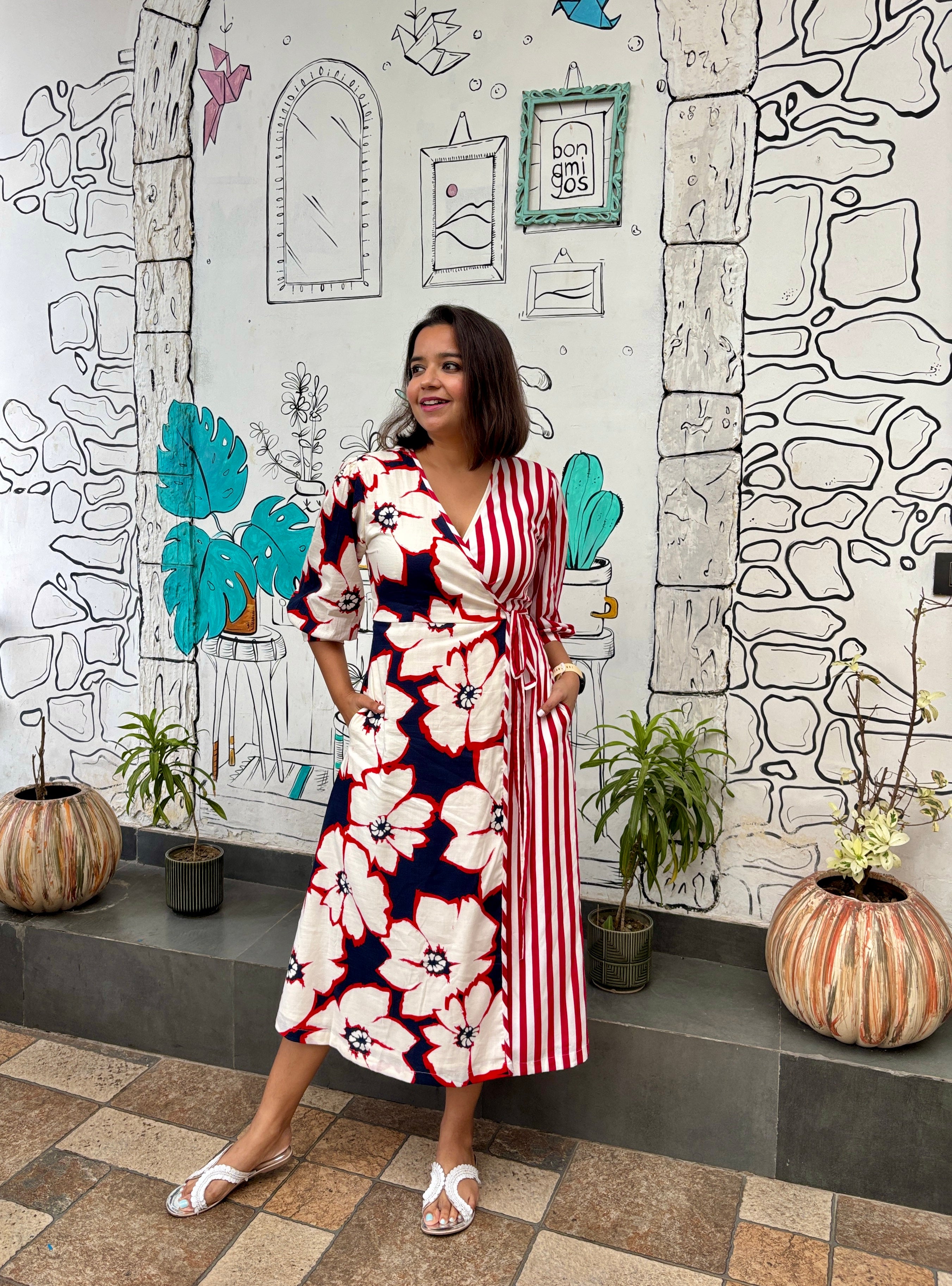 Floral Stripe Wrap Dress with Pockets image 2