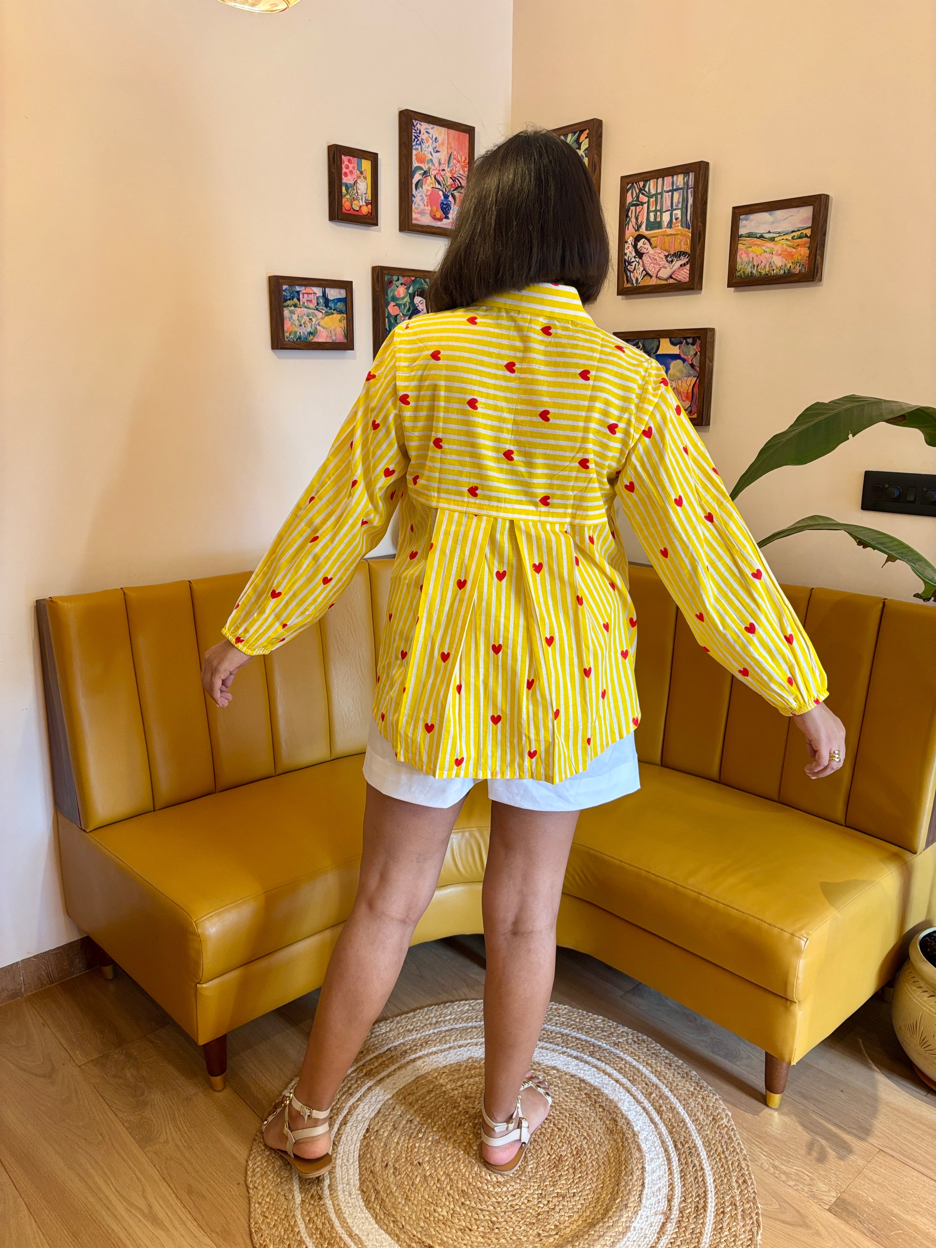 Yellow Stripe Heart Print Cotton Shirt for Women
