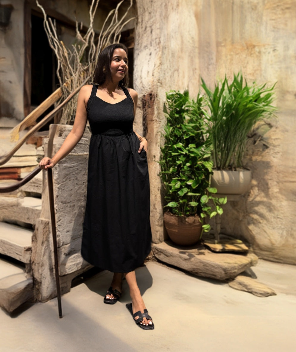 Noir Nights Black Smocked Cotton Midi Dress image 5
