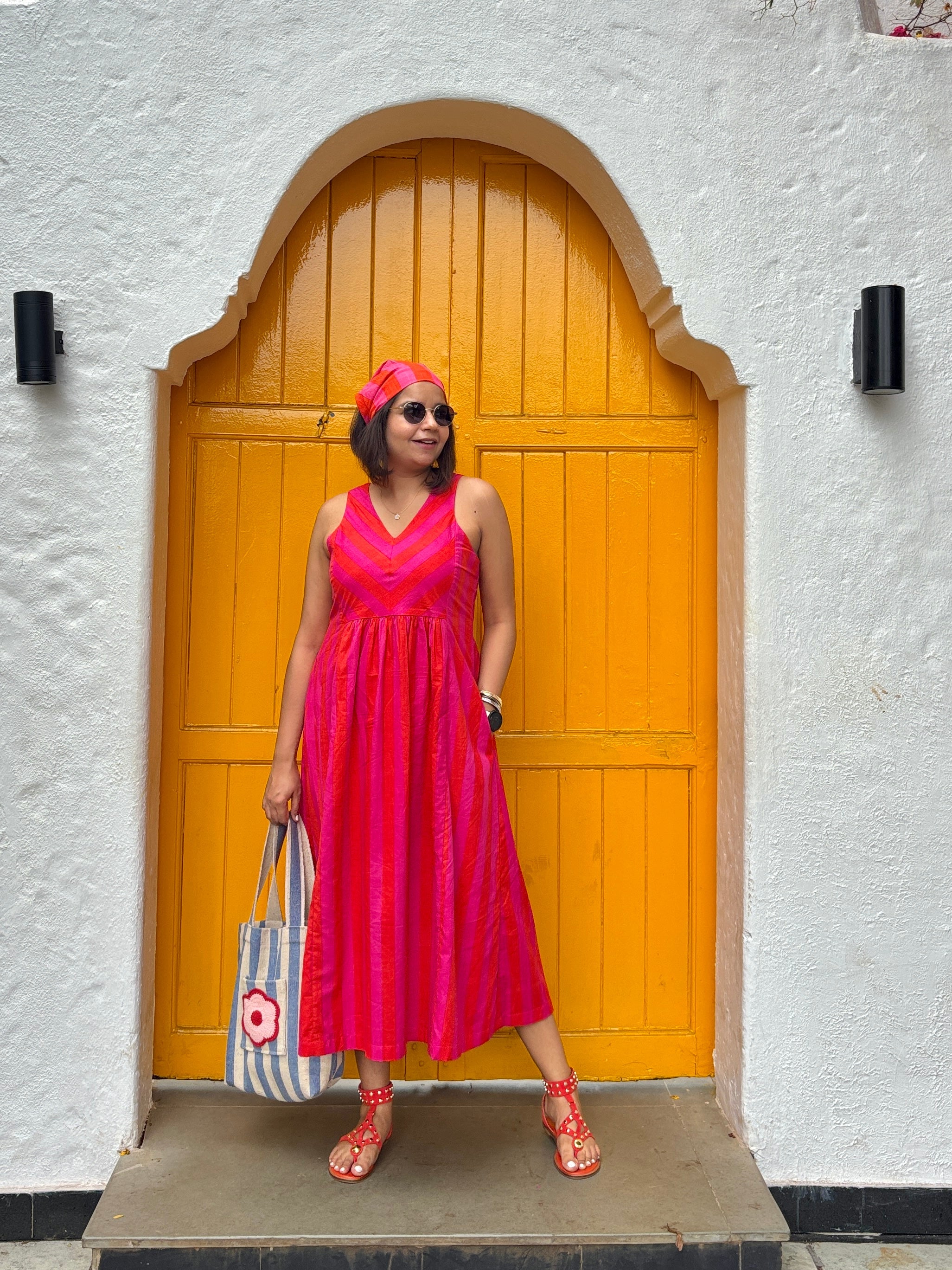 Pink Orange Stripe Cotton Midi Dress for Women